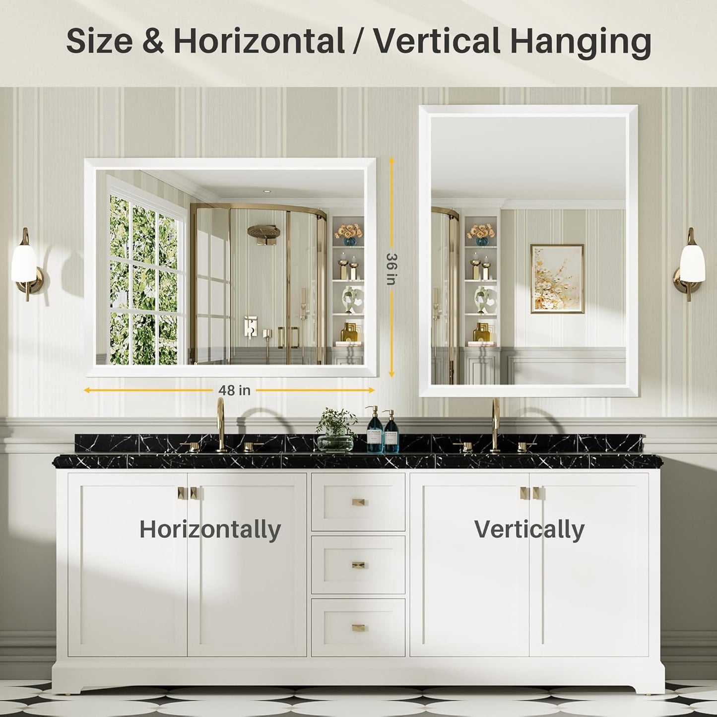 48x36 Inch White Bathroom Mirror for Wall, Thick Metal Framed Rectangle Mirrors for Over Sink, Bedroom, Living Room, Entryway, Anti-Rust, HD Tempered Glass