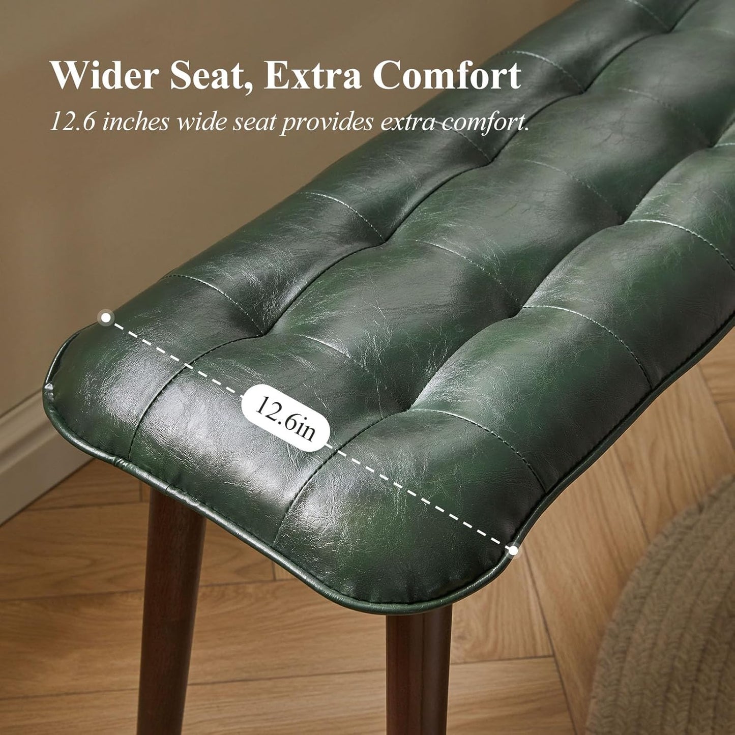 Entryway Bench, Solid Wood Dining Bench, Midcentury End of Bed Bench with PU Leather Padded Seat, Bedroom Bench, 47.24" L x 12.6" W x 17.72" H (Green)