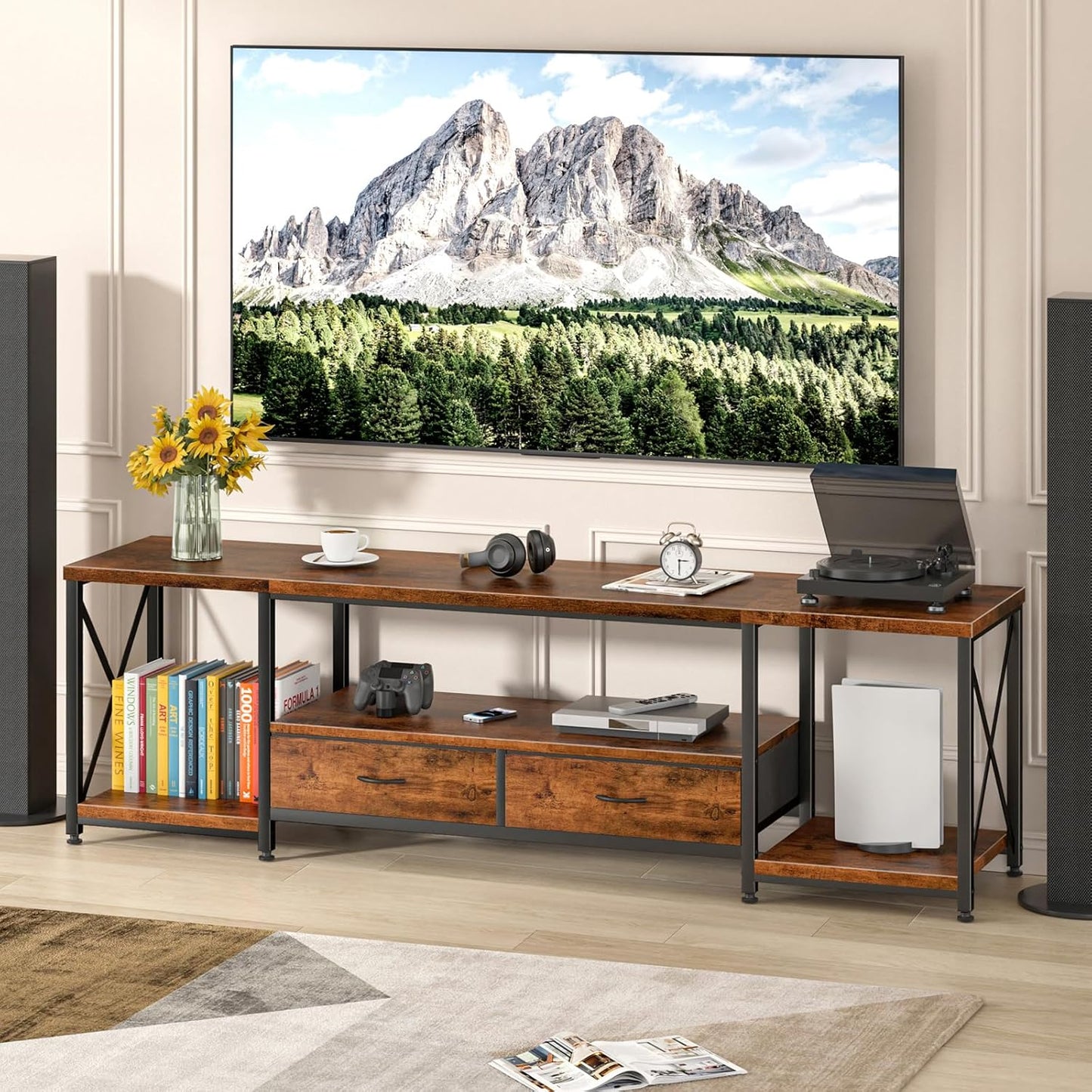 TV Stand with Fabric Drawers - Entertainment Center and Industrial Console Table with Open Storage Shelves for Living Room, Bedroom - 71.5" Rustic Brown