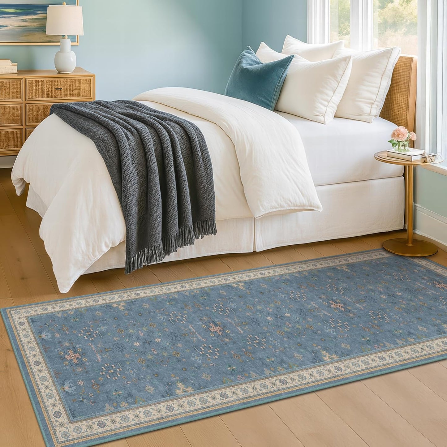 Boho 2x6 Non Slip Kitchen Rug Runner - Light Blue Washable Rug for Bathroom, Laundry Room, Hallway, Non Slip with Rubber Backing, Floral Eclectic Unique Runner Décor