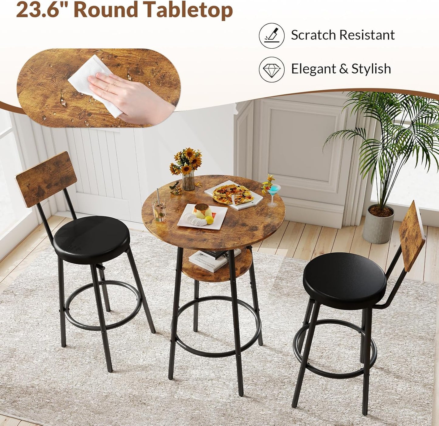 3 Pieces Round Bar Table Set, Small Dining Table for 2, Modern Kitchen Bar Table, Breakfast Table with Storage, 2 Thickened Cushion Stools with Backrest for Dining Room, Bistro-Brown