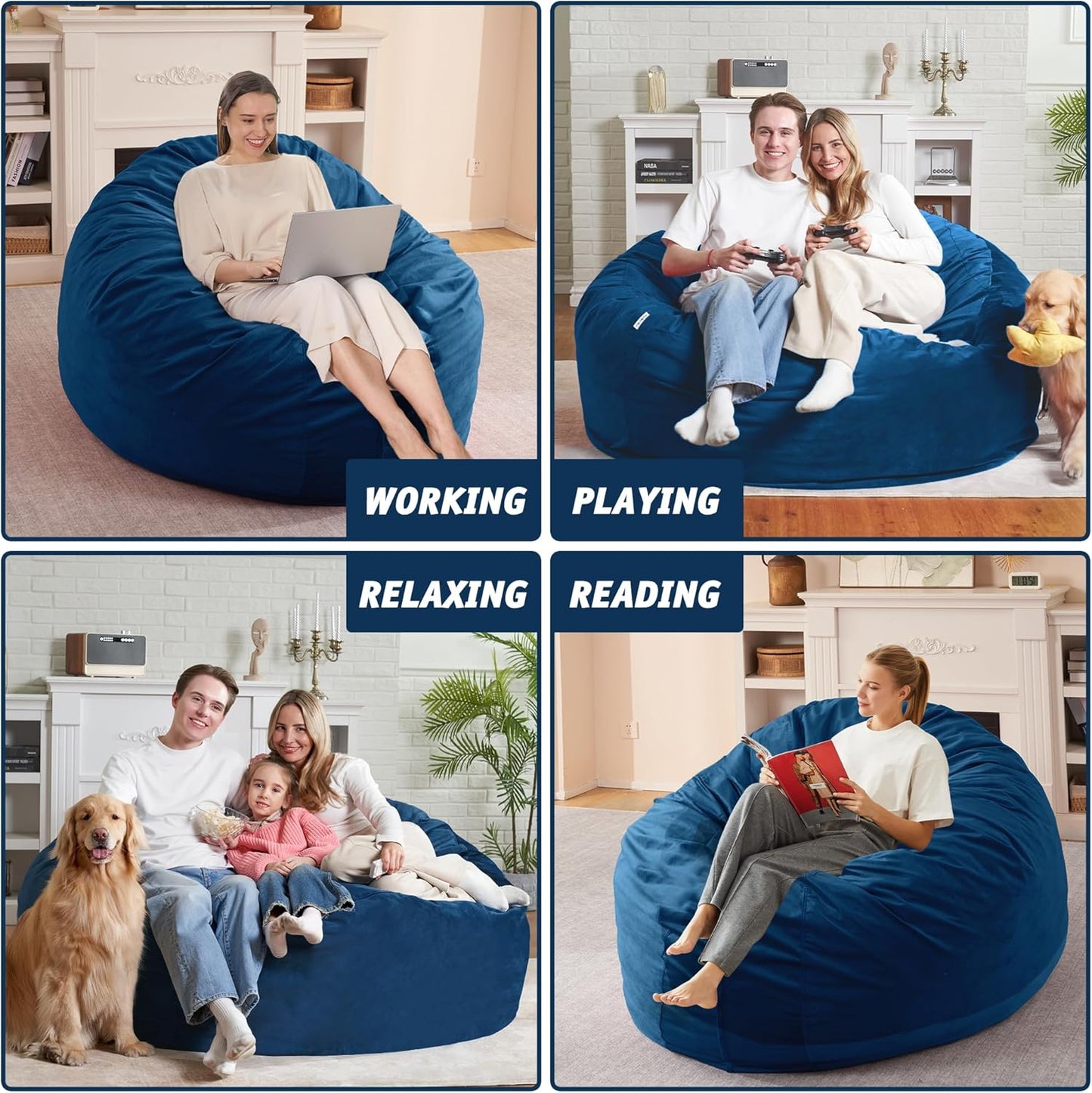 5FT Bean Bag Chair with Ultra Soft Velvet Cover Bean Bag Sofa with Memory Foam Bean Bag Chairs with Large Size Lazy Sofa for Dorm Office Living Room Bedroom Blue 5'