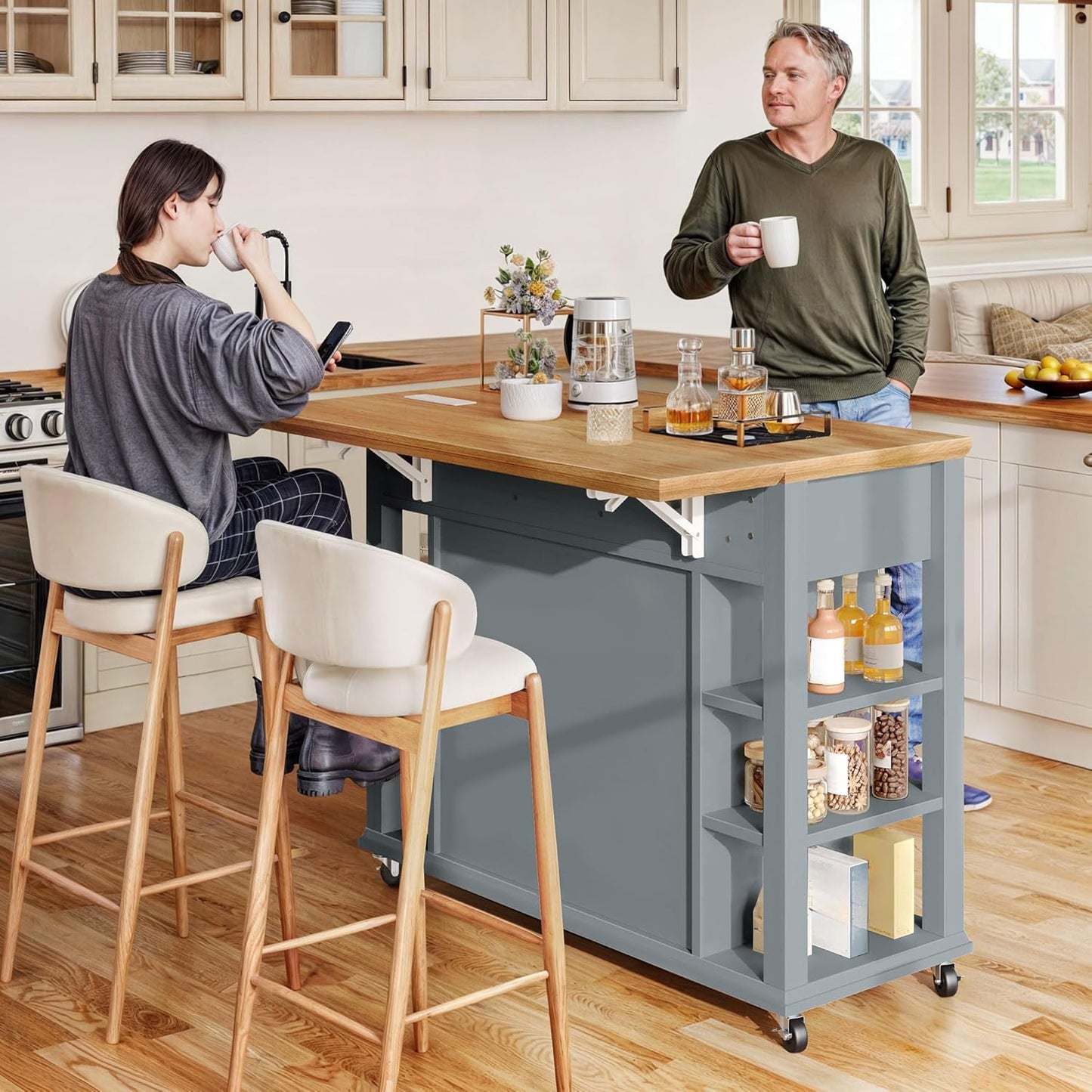 DWVO Rolling Kitchen Island with Drop Leaf, Mobile Storage Islands with Power Outlet Foldable Tabletop, 2 Drawers and Open Shelves, for Living Room, Dining Room, Blue Gray