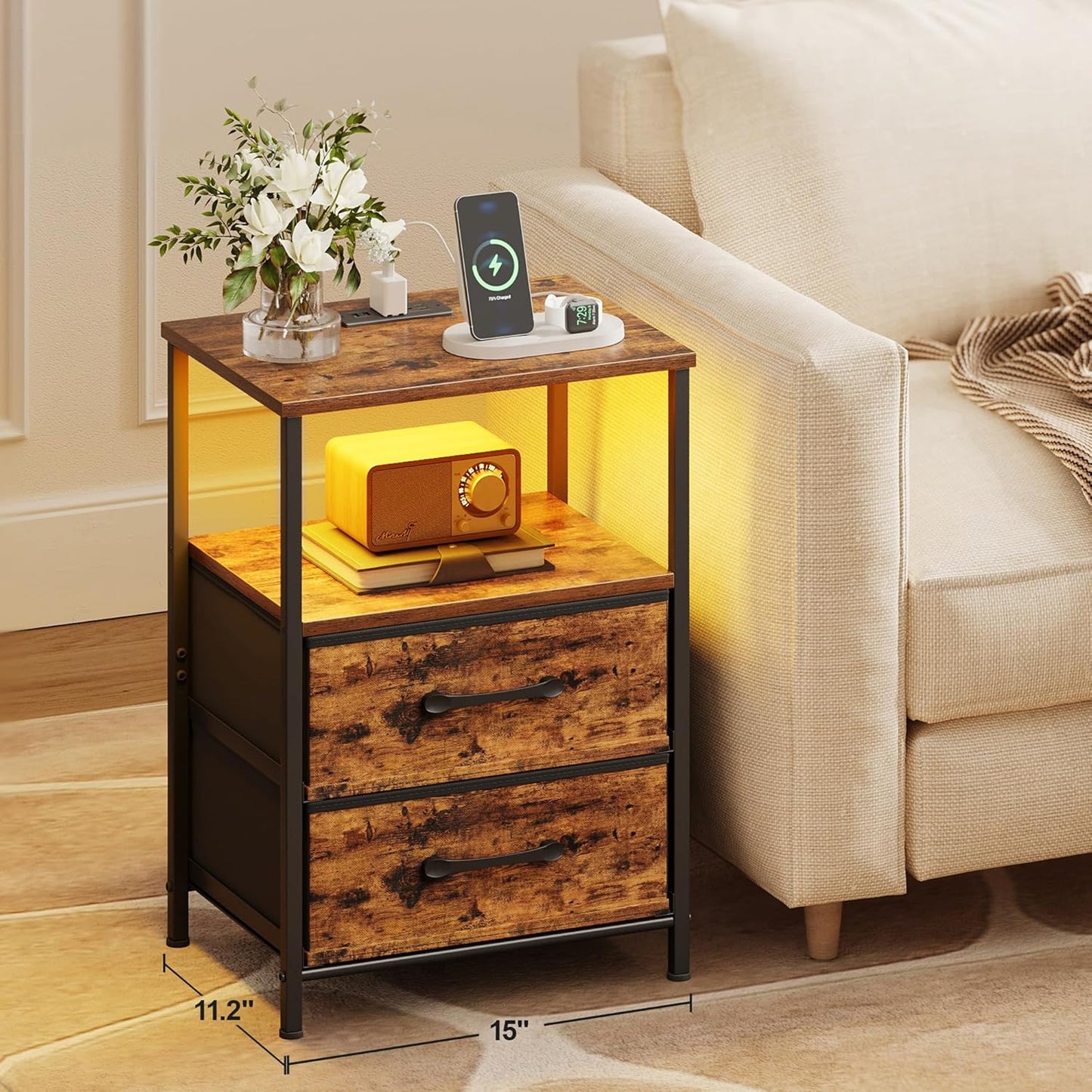 Nightstands Set of 2, Night Stand with Charging Station and Led Lights, Bedside Table with 2 Fabric Drawers for Bedroom, Small Side End Table with Open Shelf, Rustic Brown