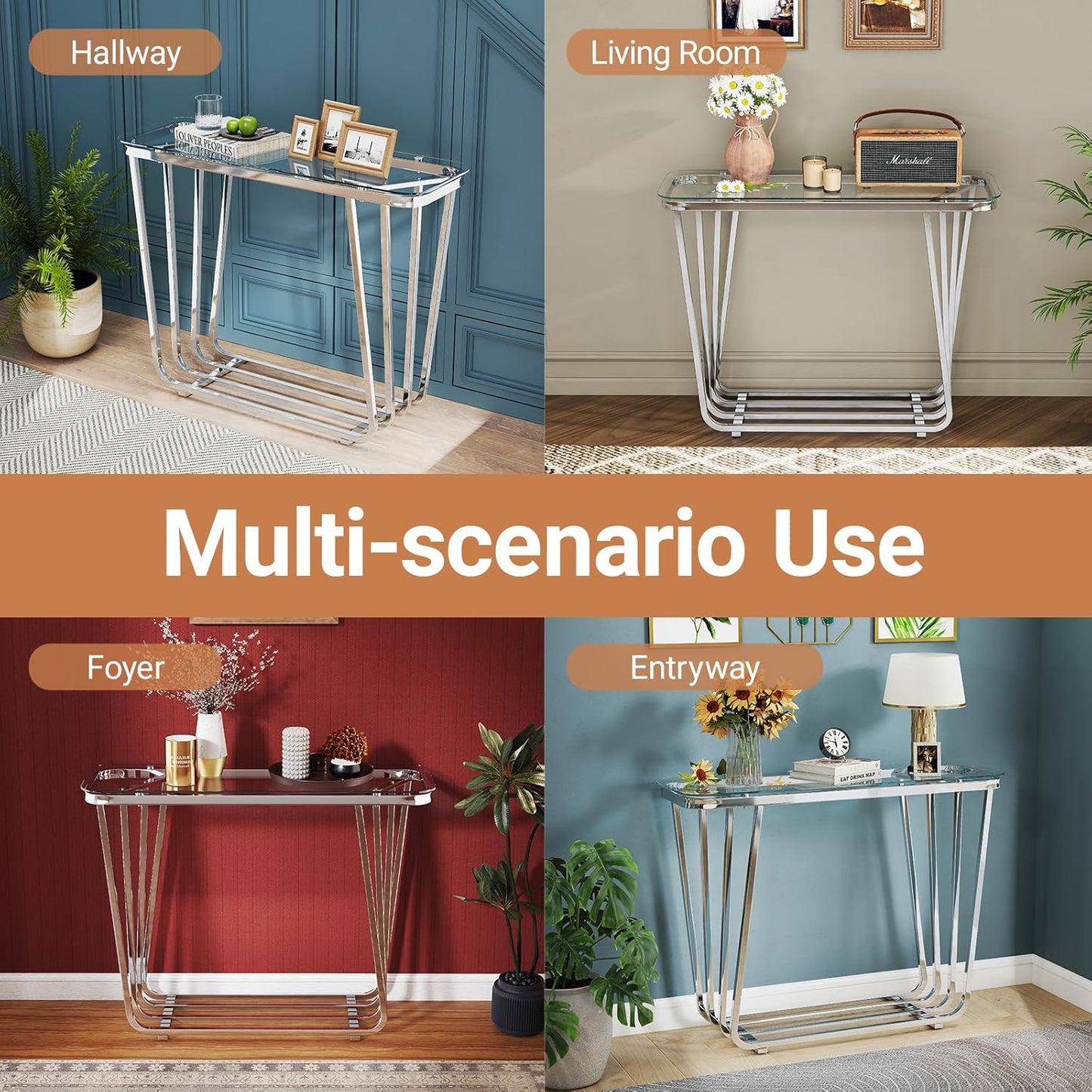 OIOG Glass Console Table for Entryway, Modern Entrance Table with Tempered Glass & Chrome Frame, Silver Sofa Table for Living Room Hallway