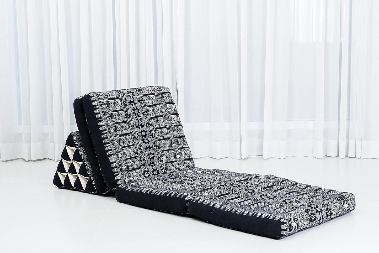 Leewadee Comfortable Japanese Floor Mattress - Thai Floor Bed with Triangle Cushion - Futon Mattress - XL Extra Long Thai Massage Mat, 89 x 20 inches, Black, Kapok Filling