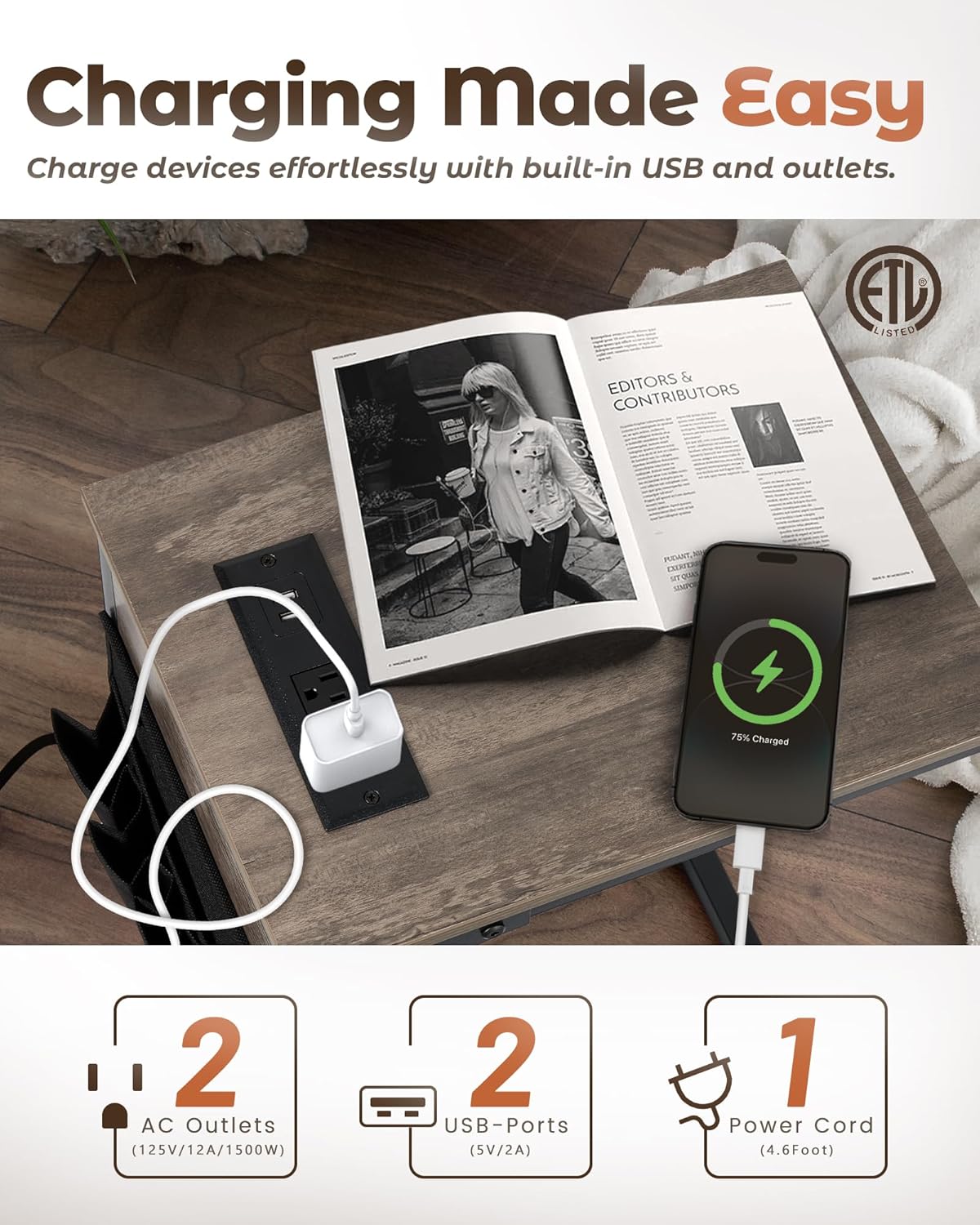 C Shaped End Table with Charging Station, Couch Side Table with Storage Pocket, Slide Under Couch Sofa Table Tray, Greige