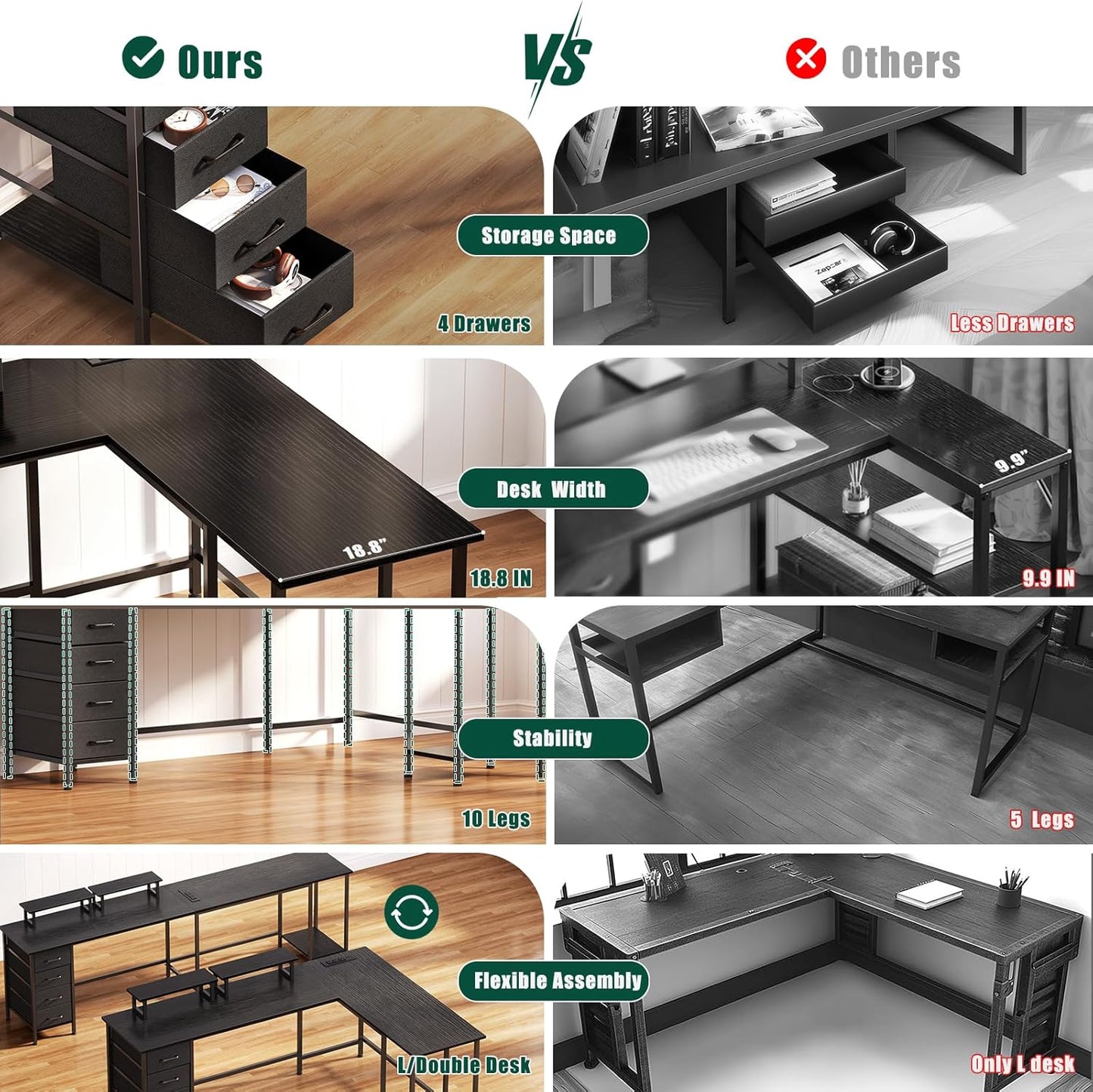59 inch L Shaped Computer Desk with Power Outlets, Home Office Desk with 4 Adjustable Storage Drawers & 2 Monitor Stands, Two Person Gaming Table for Bedroom, Black