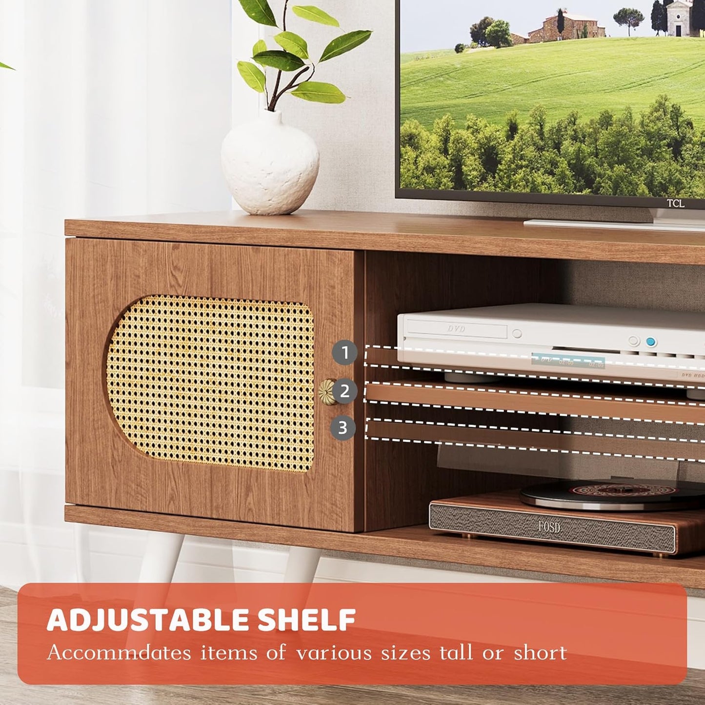 55" Rattan TV Stand for 65 Inch TV Solid Wood TV Console Entertainment Center with 2 Cabinets for Living Room Bedroom, Retro Brown