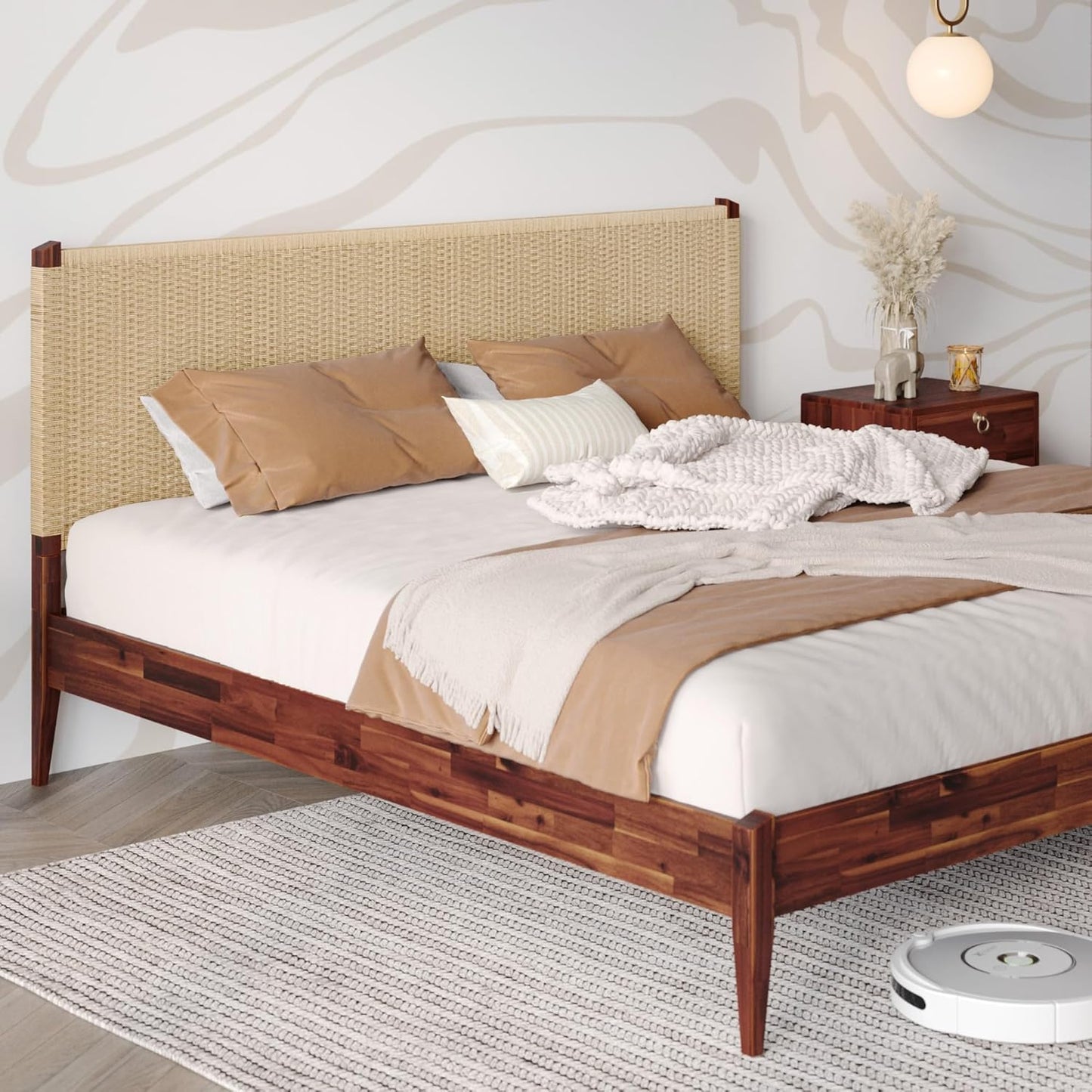 Bme Selina King Bed Frame and Headboard - Handcrafted Paper Cord Headboard, 12-Slat Support, No Box Spring Needed - Easy Assembly, Dark Chocolate