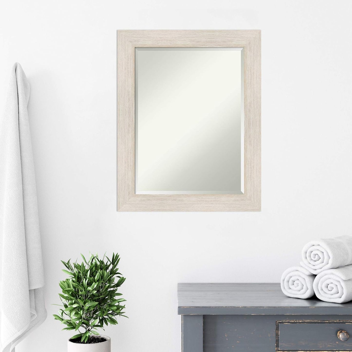 Amanti Art White Bathroom Mirror for Over Sink, 29x23 Hardwood White Wash Rectangle Vanity Mirror, Medium Rustic Farmhouse Wood Frame, Hangs Horizonally and Vertically, Bathroom Wall Decor, Beveled