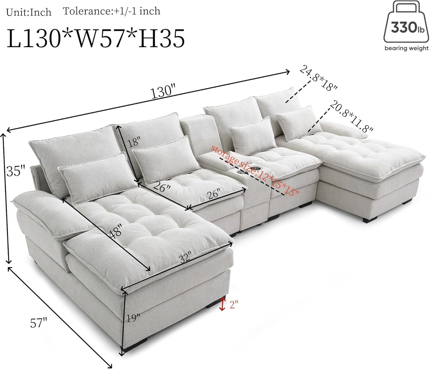 130" U-Shaped Sectional Sofa with Storage Console & Cup Holders, Upholstered 6 Seat Living Room Sleeper Couch Furniture Set w/Chaise, Cloud Cushion Couch for Home, Office, Apartment,Beige