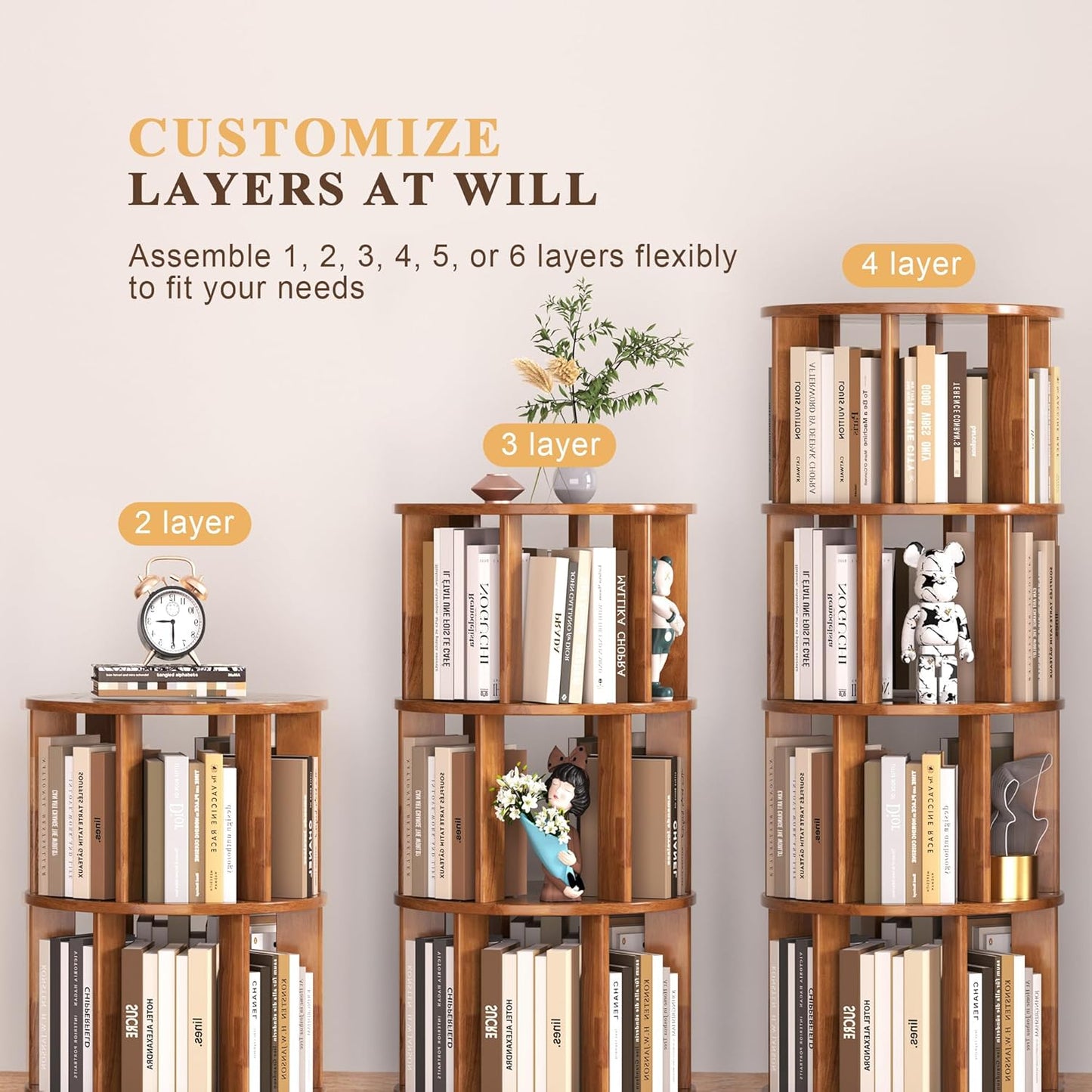 4-Tier Rotating Bookshelf, 360° Spinning Stackable Bookcase, Freestanding Bookshelf for Home Office Study Room Bedroom Living Room