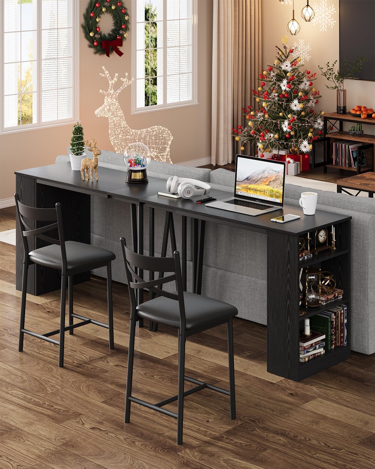 Garvee Bar Table and Chairs Set, 3 Piece Bar Table Set with with Flip Top Extension and Storage Shelves, Dining Table Set for 2, Suitable for Small Space Kitchen Apartment, Black