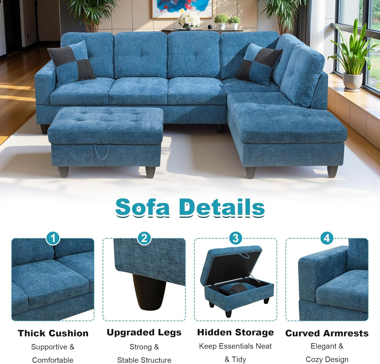 103.5" Oversized Sectional Couch, L Shaped Couch with Storage Ottoman, Modern Modular Sofa with Deep Seat, Sectional Couches for Living Room and Office, Blue (Flannel)