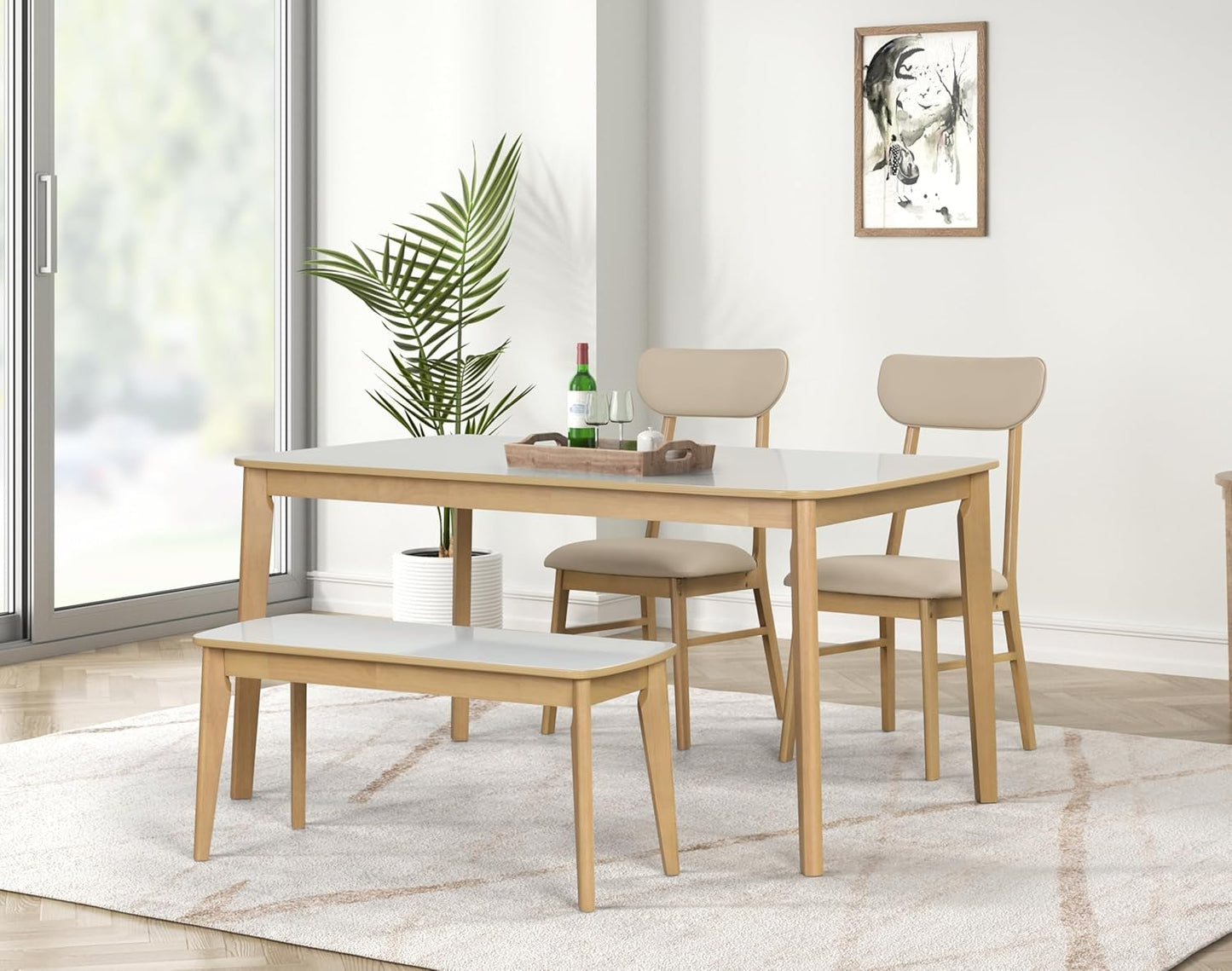 Merax 6-Piece Dining Table Set, One Table One Bench and Four Chairs, High Gloss White Tabletop with Light Oak Color