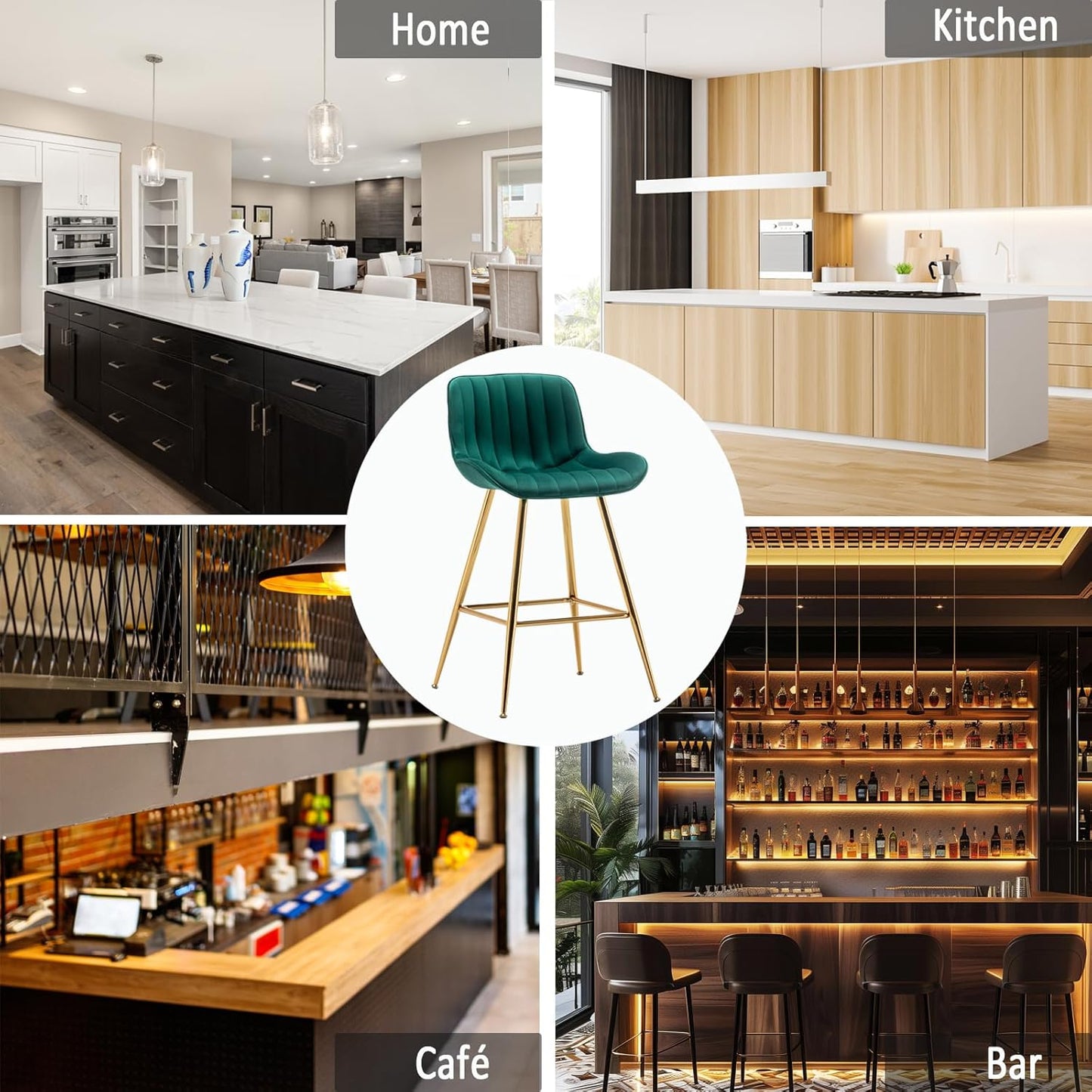 Sidanli Counter Height Bar Stools Set of 2, Modern Velvet Barstools with Back, 24 inch Seat Height Comfortable Island Stools with Gold Legs, Green