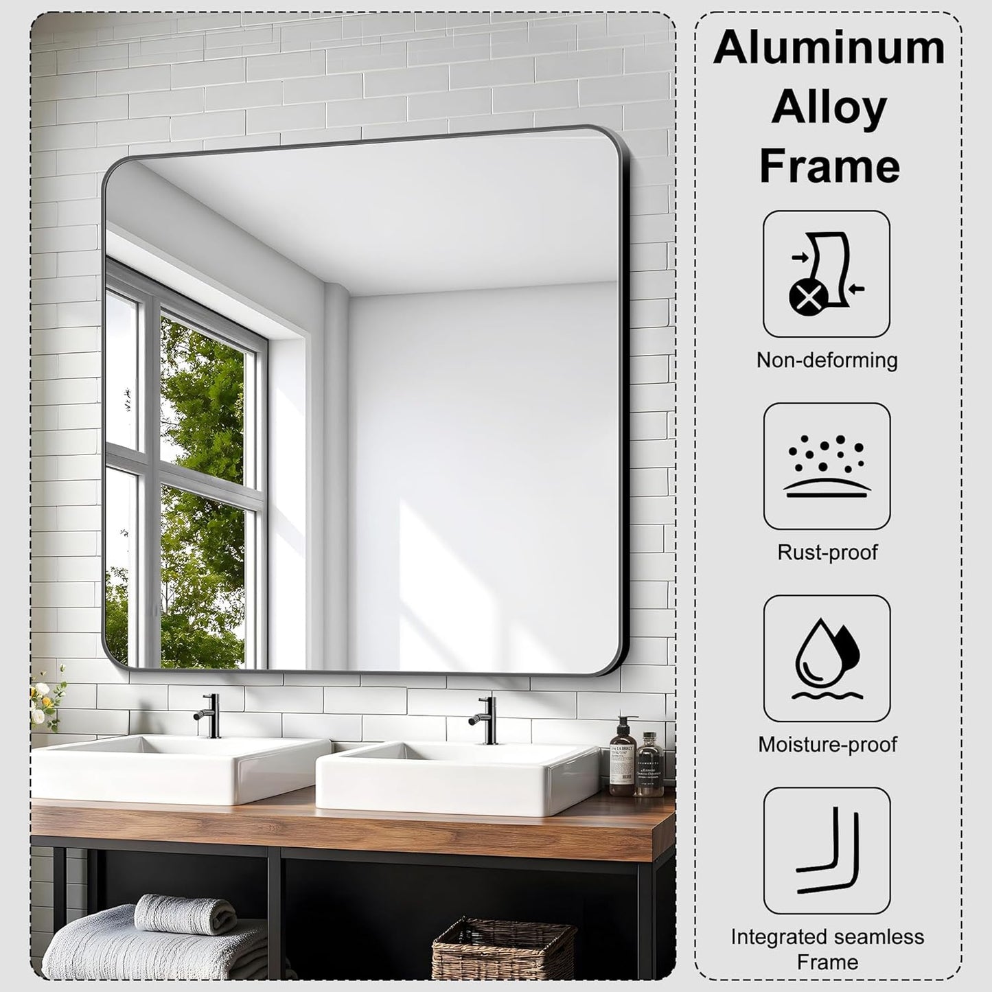 KOCUUY Black Bathroom Mirror 40"x40", Large Square Vanity Mirror with Rounded Corner, Metal Black Frame with Mordern Design for Bathroom, Living Room, Entryway, Hang Horizontal/Vertical
