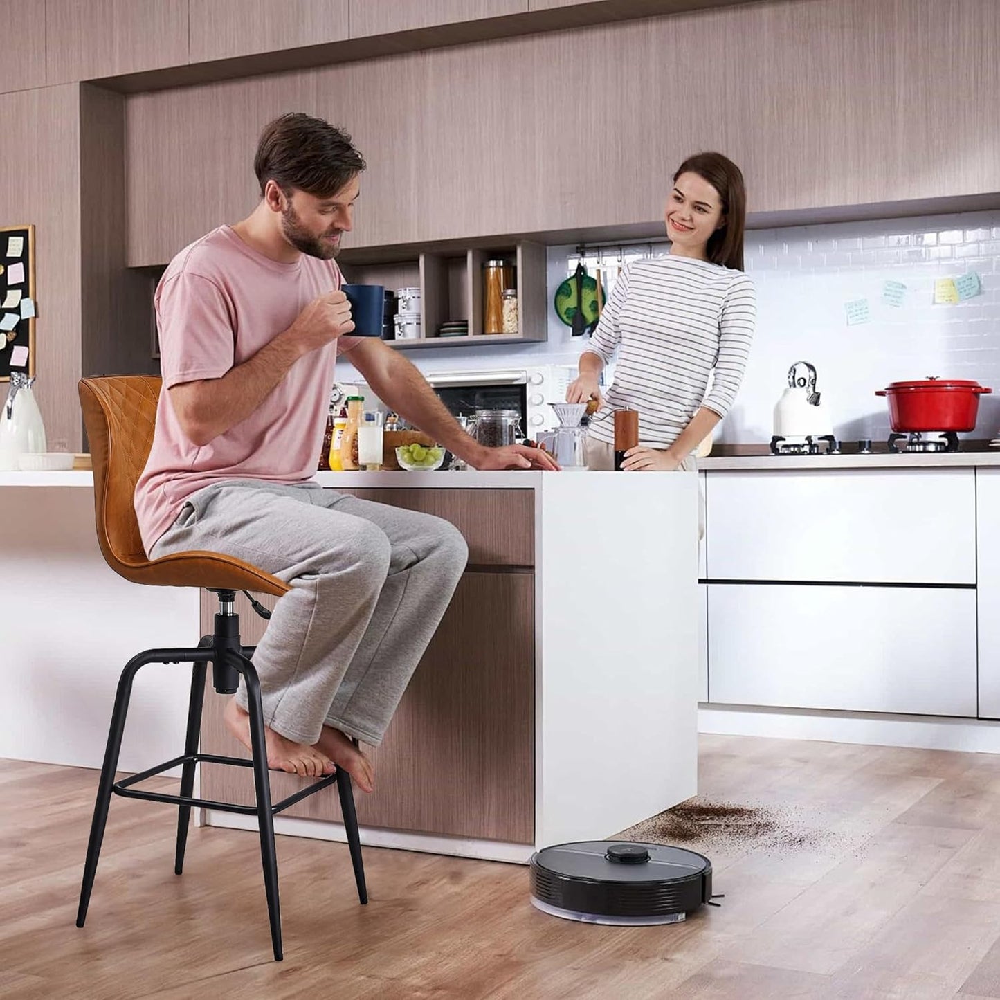 VECELO Quilted Bar Stools Set of 2, Adjustable Bar Height Swivel Bar Stools with Back, PU Leather with Stitching, Mid-Century Modern, 100% Virgin Cotton, 28~31" Tall, for Kitchen, Pub, Caramel Brown