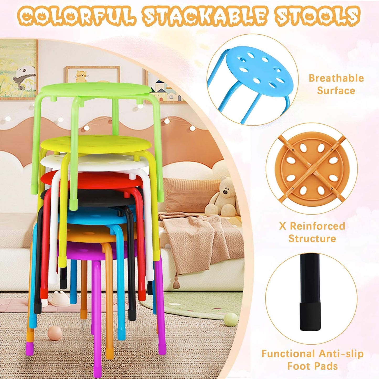 VECELO Stackable Stools for Classroom, 12" Height Plastic Portable Stacking Stool Chairs with Non-Slip Foot Mats for School Daycare Kindergarten Living Room (8 Pack)