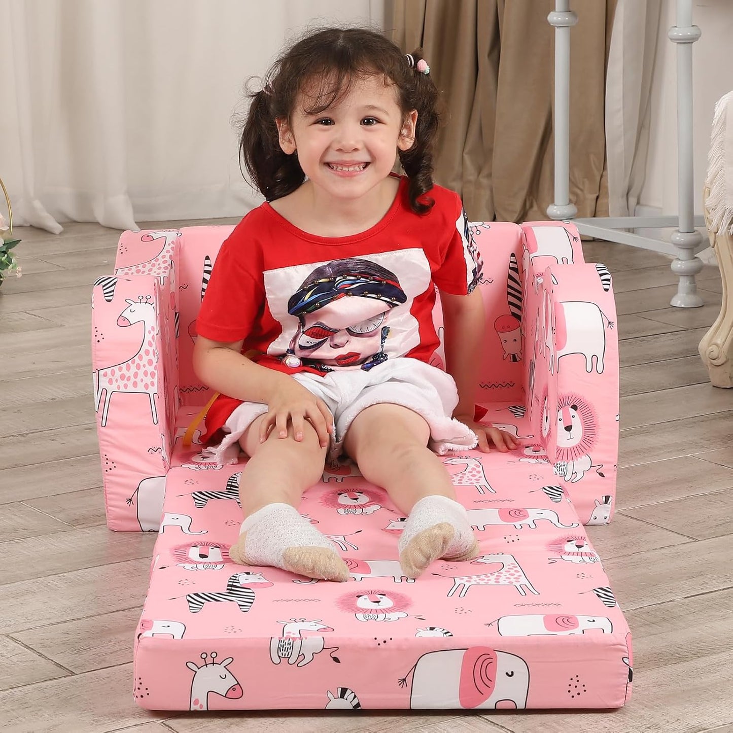 Pink Kids Sofa, 2-in-1 Kids Couch Fold Out, Convertible Sofa to Bed for Girls and Boys