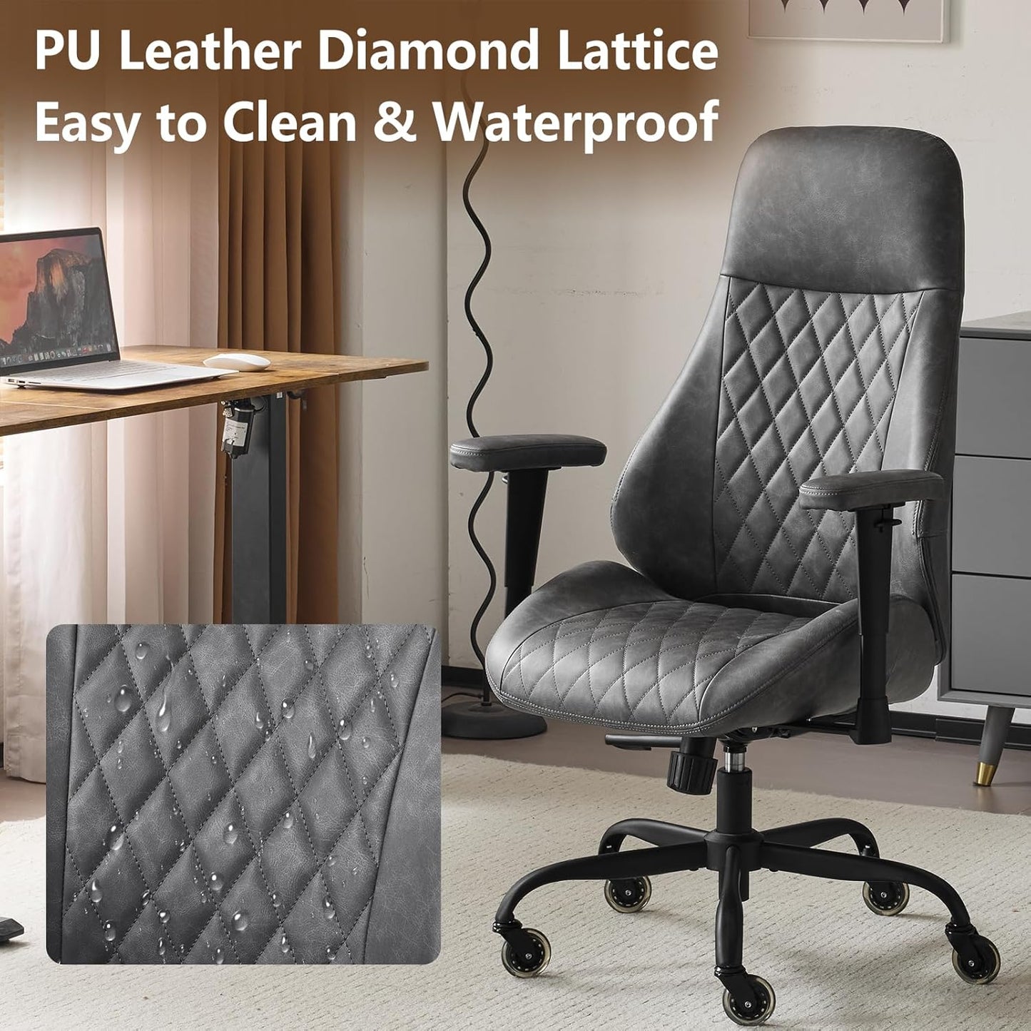 YFO Home Office Desk Chair High Back Office Rubber Chair Casters Ergonomic Computer Chair with Lumbar Support Adjustable Height Rolling Swivel Chair Executive Task Armrests, Grey Leather