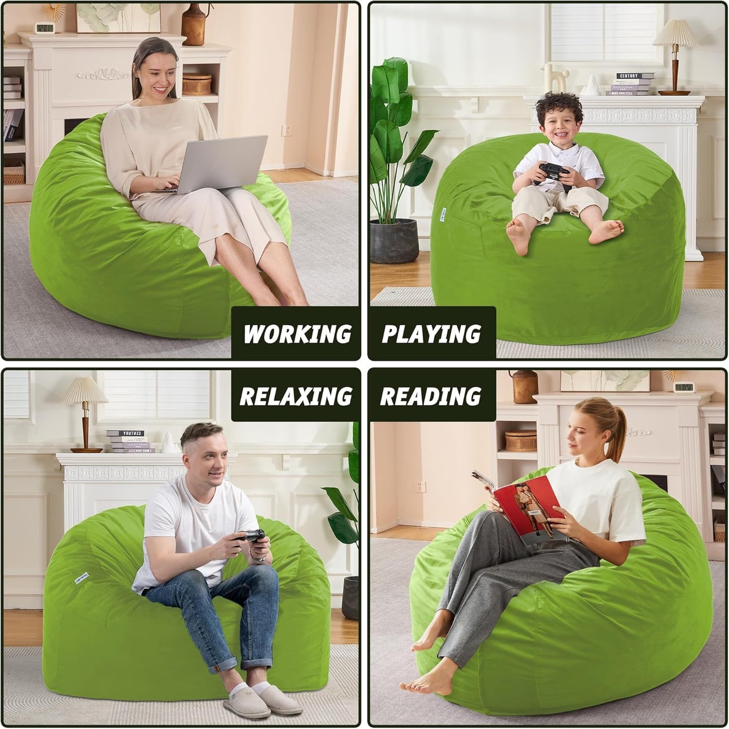 3FT Bean Bag Chair with Ultra Soft Velvet Cover Bean Bag Sofa with Memory Foam Bean Bag Chairs with Large Size Lazy Sofa for Dorm Office Living Room Bedroom Grass Green 3'