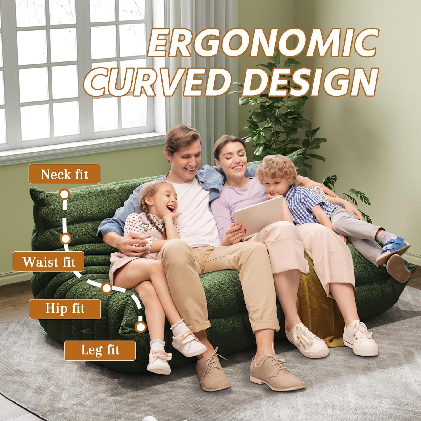 Bean Bag Chairs for Adults, BeanBag Reading Chair Memory Foam Couch 3-Seater, Floor Chair Soft Teddy Material, Comfy Reading Nook Chairs for Bedroom Living Room Office (Green)