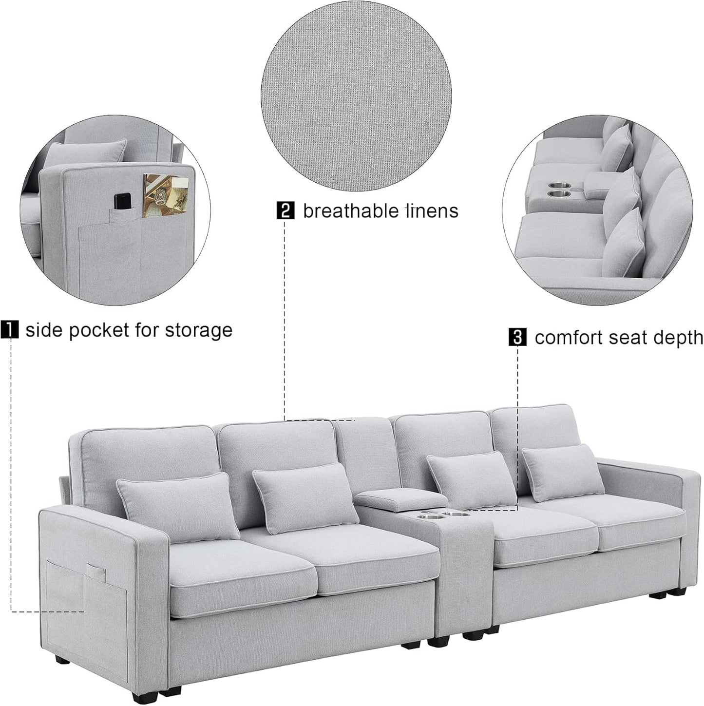 114.2" Linen Upholstered Sofa with Console and 2 USB Ports Wired or Wirelessly Charged,Modern 4-Seat Couches W/ 4 Pillows and Two Cupholders,for Living Room,Apartment,Light Gray
