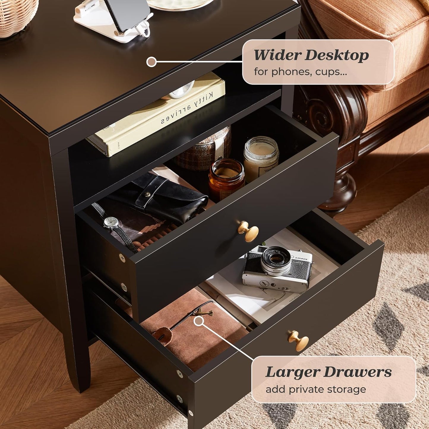 Huuger Nightstand with Charging Station, Black Nightstand with 2 Drawers, Bed Side Table for Bedroom, Bedside Table with Storage, Modern Nightstands, Metal Knobs, Painted Surface