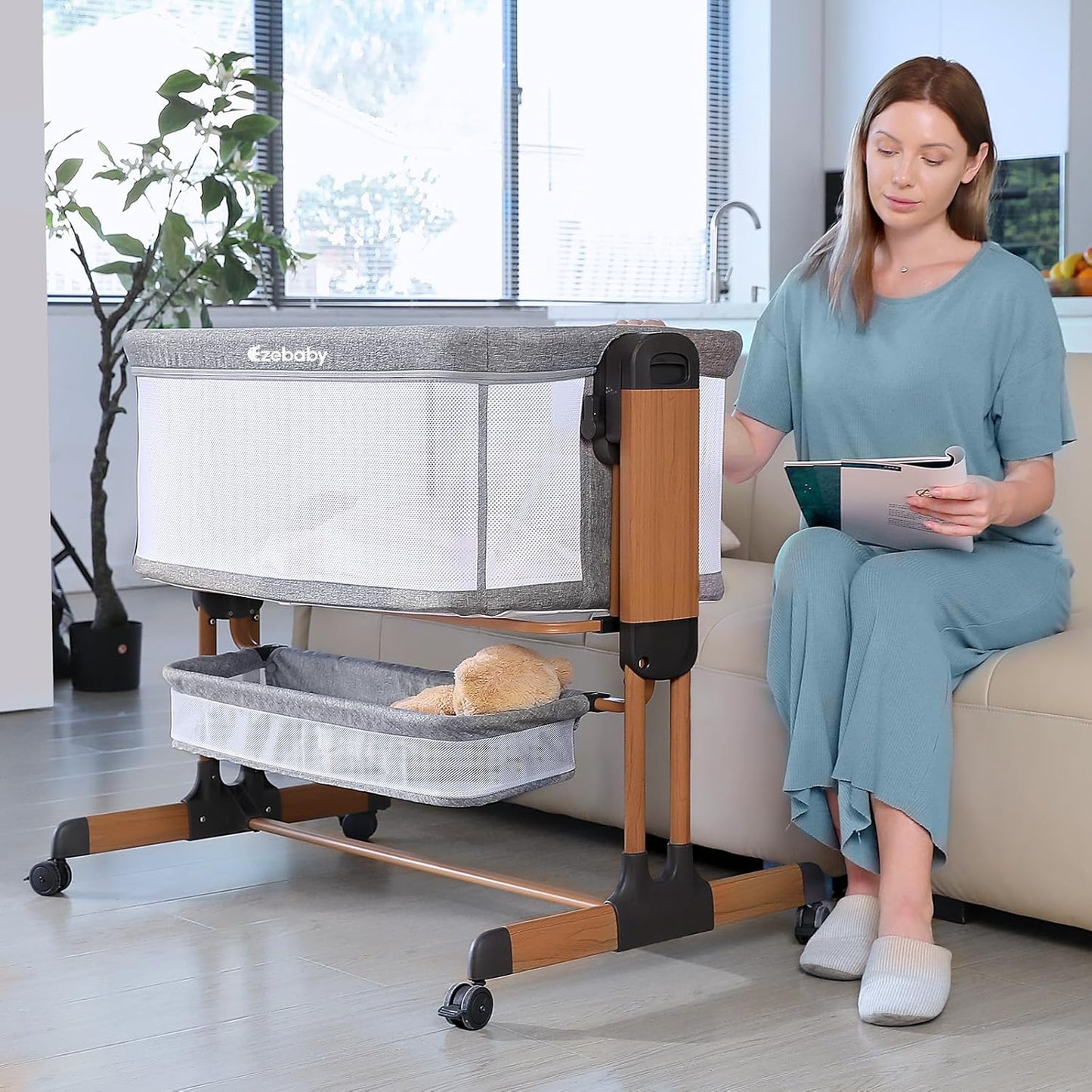 Ezebaby 3-in-1 Baby Bassinet, Rocking Baby Bassinets Bedside Sleeper, Adjustable Portable Crib for Newborn Infant with Wheels Storage Basket and Mesh Sides