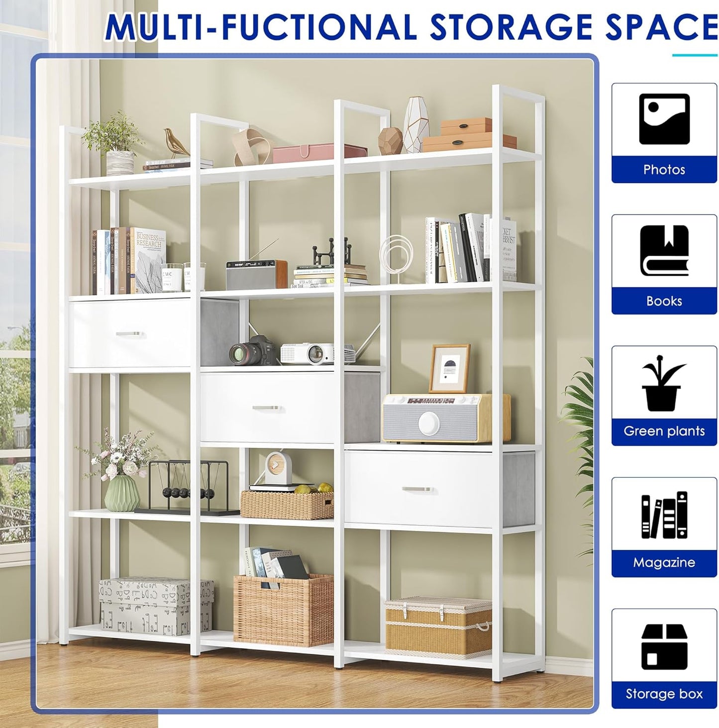 73.6" Tall Bookshelf with 3 Drawers and 16 Storage Shelves, Industrial Bookcase with 16 Open Display Shelves, Large Etagere Bookshelf, Triple Wide Book Shelf Book Case for Home & Office, White