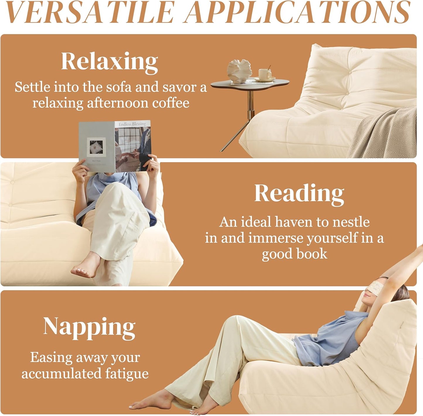 Bean Bag Chair, Loveseat Fireside Chair Bean Bag Sofa for Adults, 2 Seater Bean Bag Chairs for Teens with High-Resilience Foam, Memory Foam Bean Bag for Living Room, Bedroom, Office (Suede, Beige)