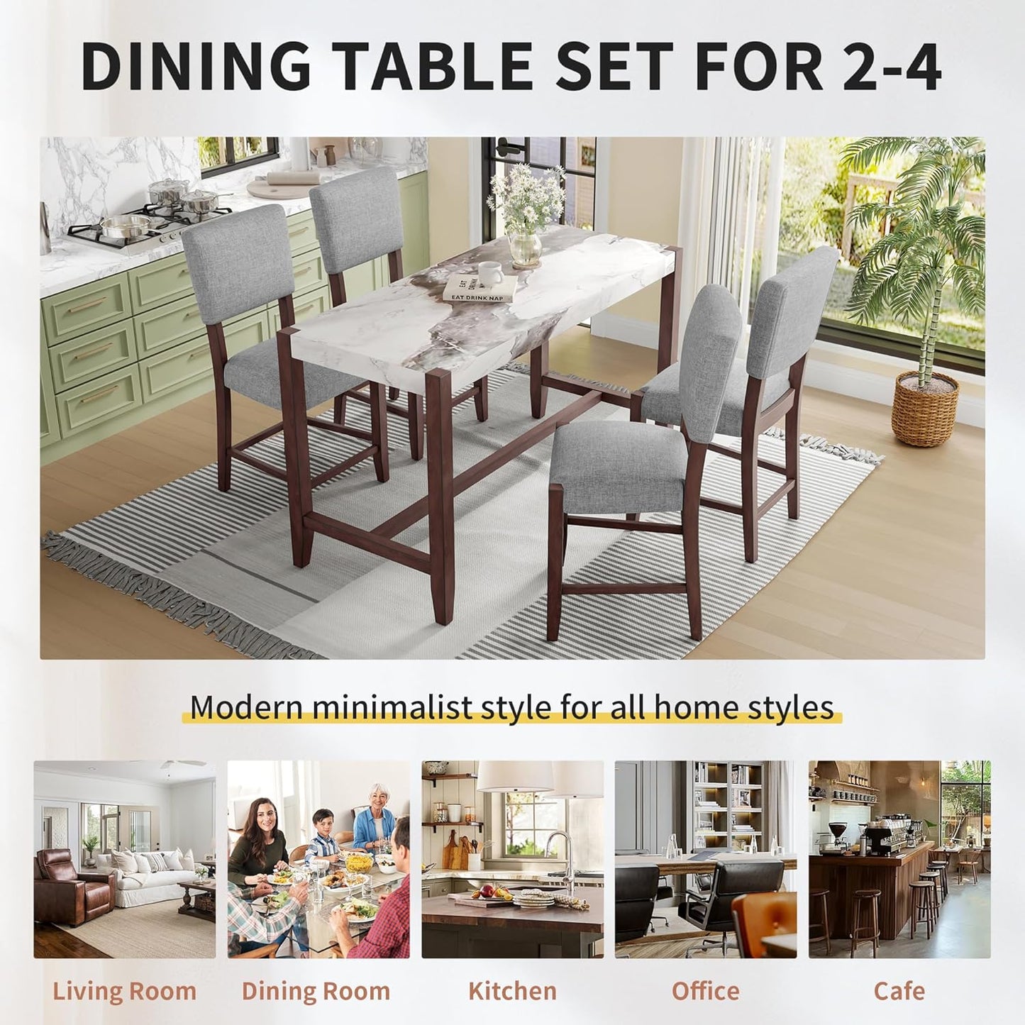 Ball & Cast 5-Piece Dining Table Set for 4,Kitchen Table Set W/Faux Marble Bar Table,Counter Height Living Room Furniture W/ 4 Upholstered Chairs,for Dining Room,Pub Kitchen,Small Place,Gray+White