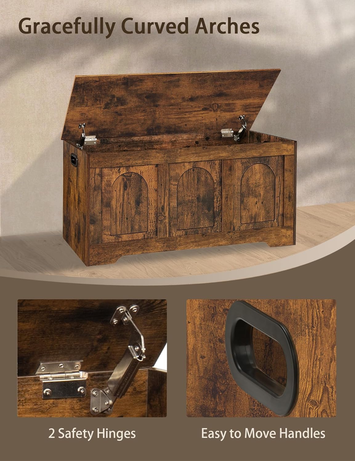 DINZI LVJ Storage Chest, 39.4”Wooden Storage Box with 2 Safety Hinges, Entryway Shoe Bench with Flip-Top, Trunk for Living Room, Bedroom, Easy Assembly, Rustic Brown