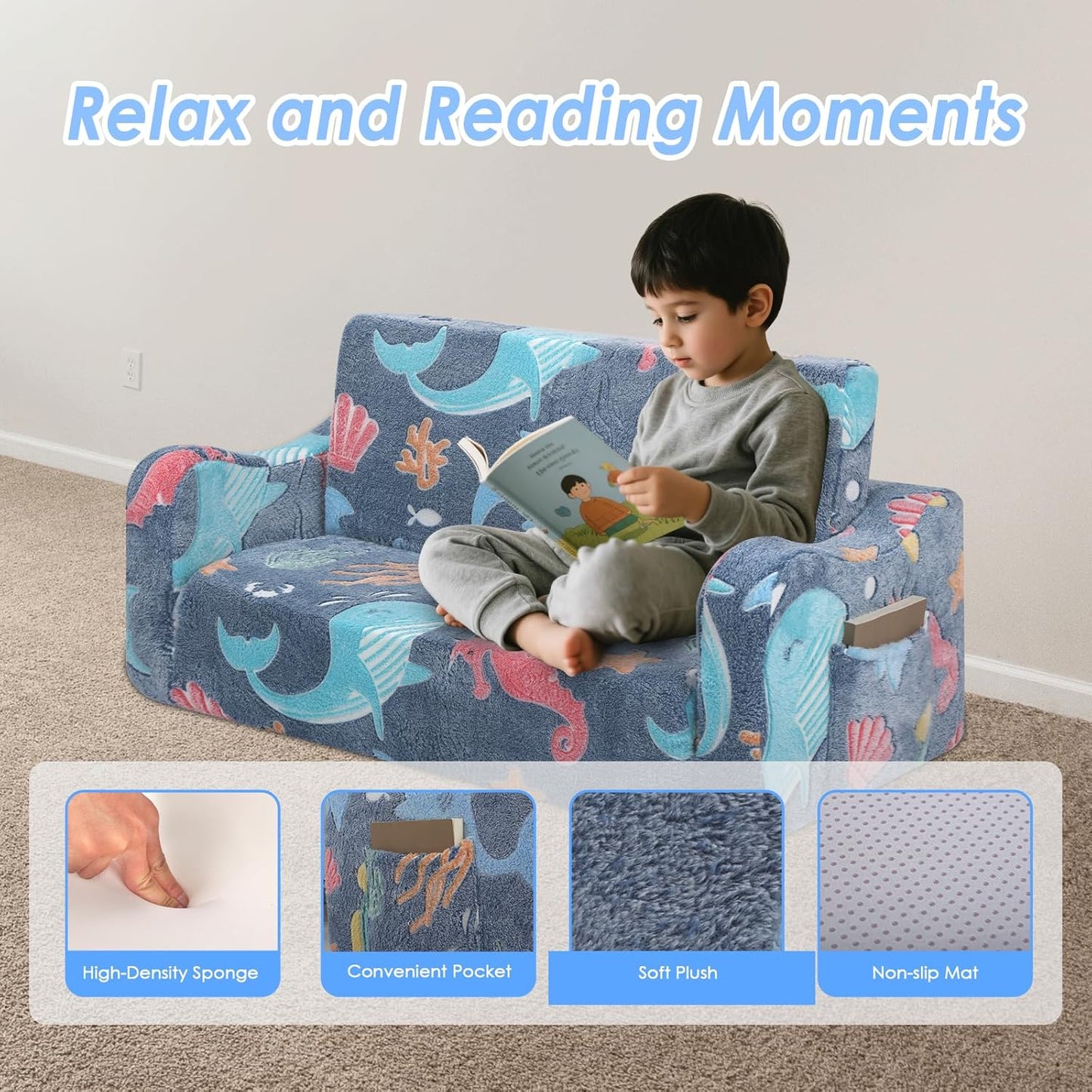 Kids Couch Extra Large,Glow in The Dark 2-in-1 Folding Kids Sofa Bed for Boys,2 Seats Convertible Sleeper Lounger Toddler Couch for Children Bedroom Playroom Nursery,Marine