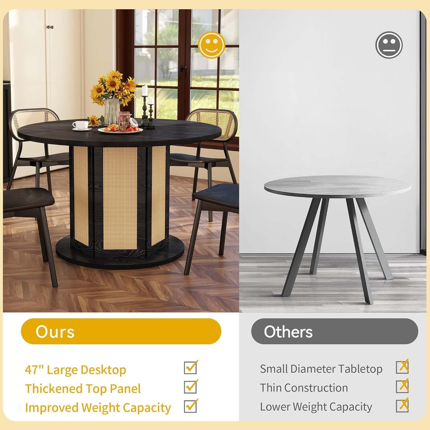 DWVO Round Dining Table for 4-6 People 47 Inch Farmhouse Kitchen Table with Rattan Circular Base Wooden Dinner Table for Dining Room Family Gathering, Black