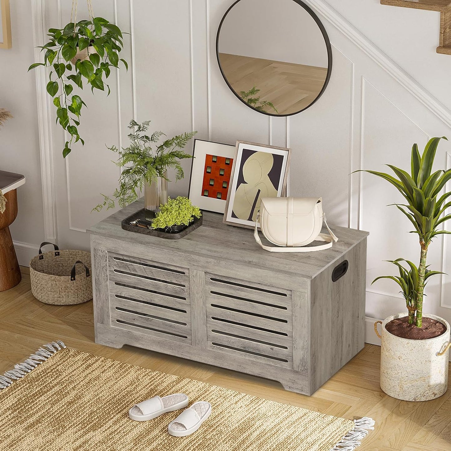 DINZI LVJ Storage Chest, 43.3” Wooden Toy Box with 2 Safety Hinges, Retro Entryway Shoe Storage Bench with Flip-Top, Sturdy Large Storage Trunk for Living Room, Bedroom, Easy Assembly, Gray Wash