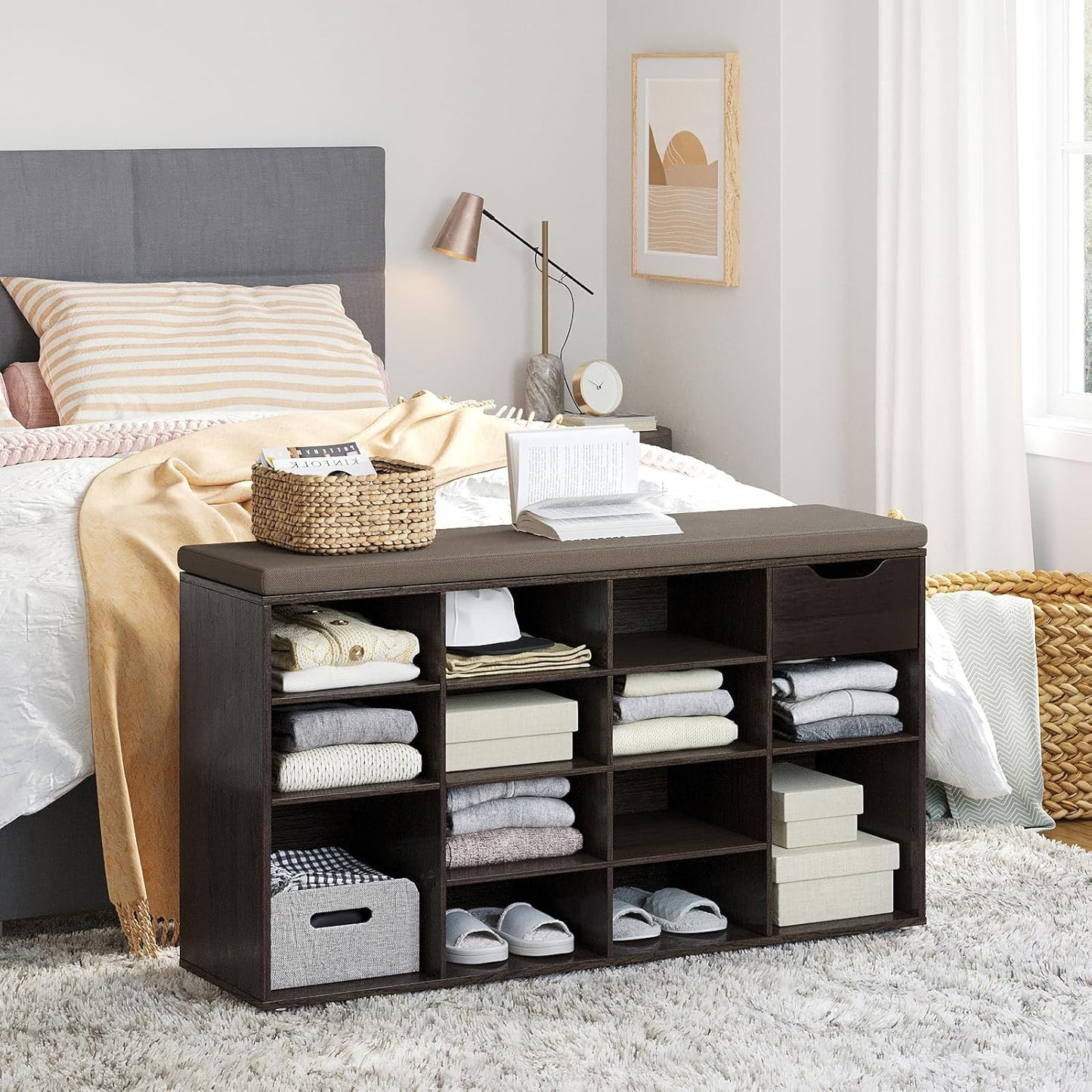 DINZI LVJ Shoe Bench, Entryway Storage Bench with Drawer and 15 Cubbies, Cubby Shoe Rack with Adjustable Shelves, Shoe Organizer Cabinet for Living Room, Bedroom, Mudroom, Closet and Garage, Espresso