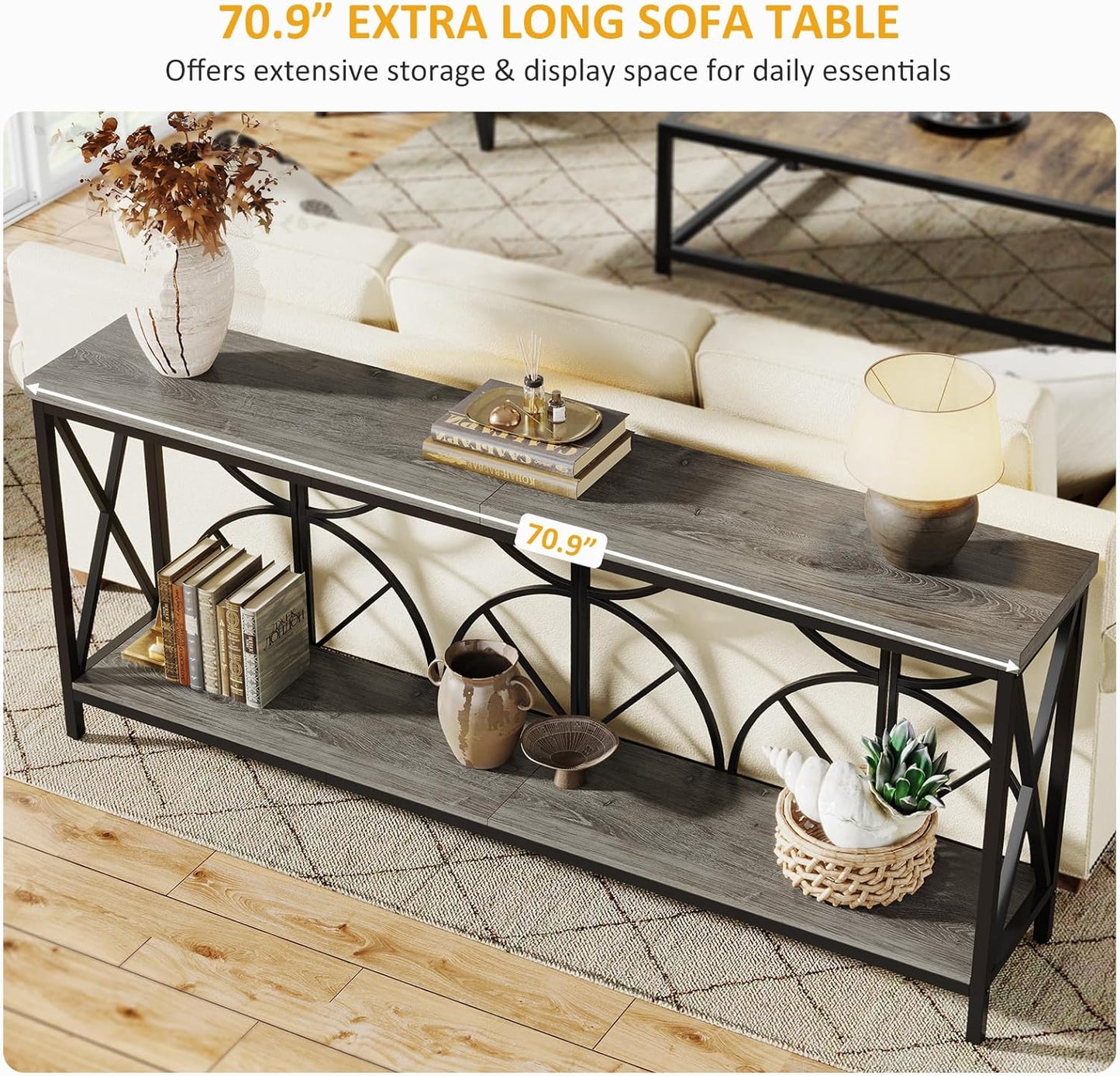 70.9-Inch Extra Long Sofa Table, Narrow Console Table Behind Couch with Storage for Entryway, Living Room, Entrance, Hallway, Foyer, Unique Geometric (Grey)