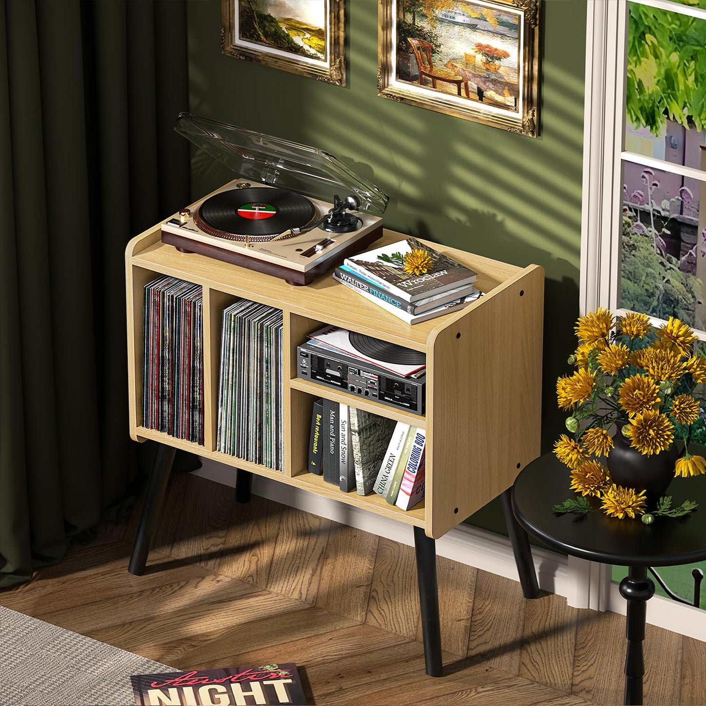 Record Player Table, Mid-Century Record Player Stand with Vinyl Storage Hold Up to 150+ Albums, Vinyl Record Cabinet with Adjustable Shelves, Wood Turntable Stand for Music Living Room (Walnut)