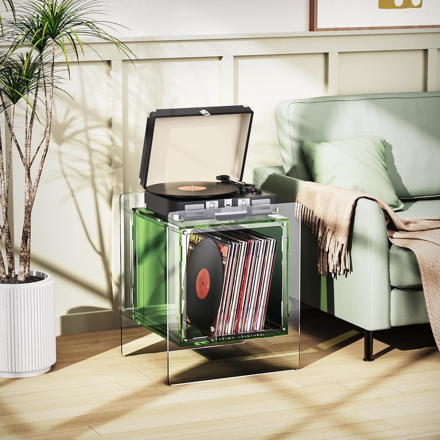 Acrylic Nightstand, Bedside Table for Bedroom, Side Table, Record Player Stand, 18'' x 15.7'' x 21.6'', Green