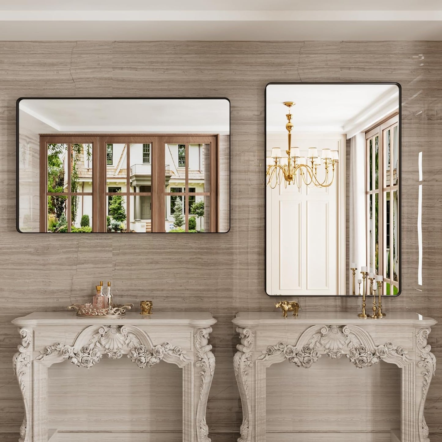 Black Bathroom Mirror 48X30 Inch, Black Metal Framed Mirror for Wall, Rounded Rectangle Matte Bathroom Vanity Mirror with Tempered Glass, Anti-Rust, Horizontal/Vertical