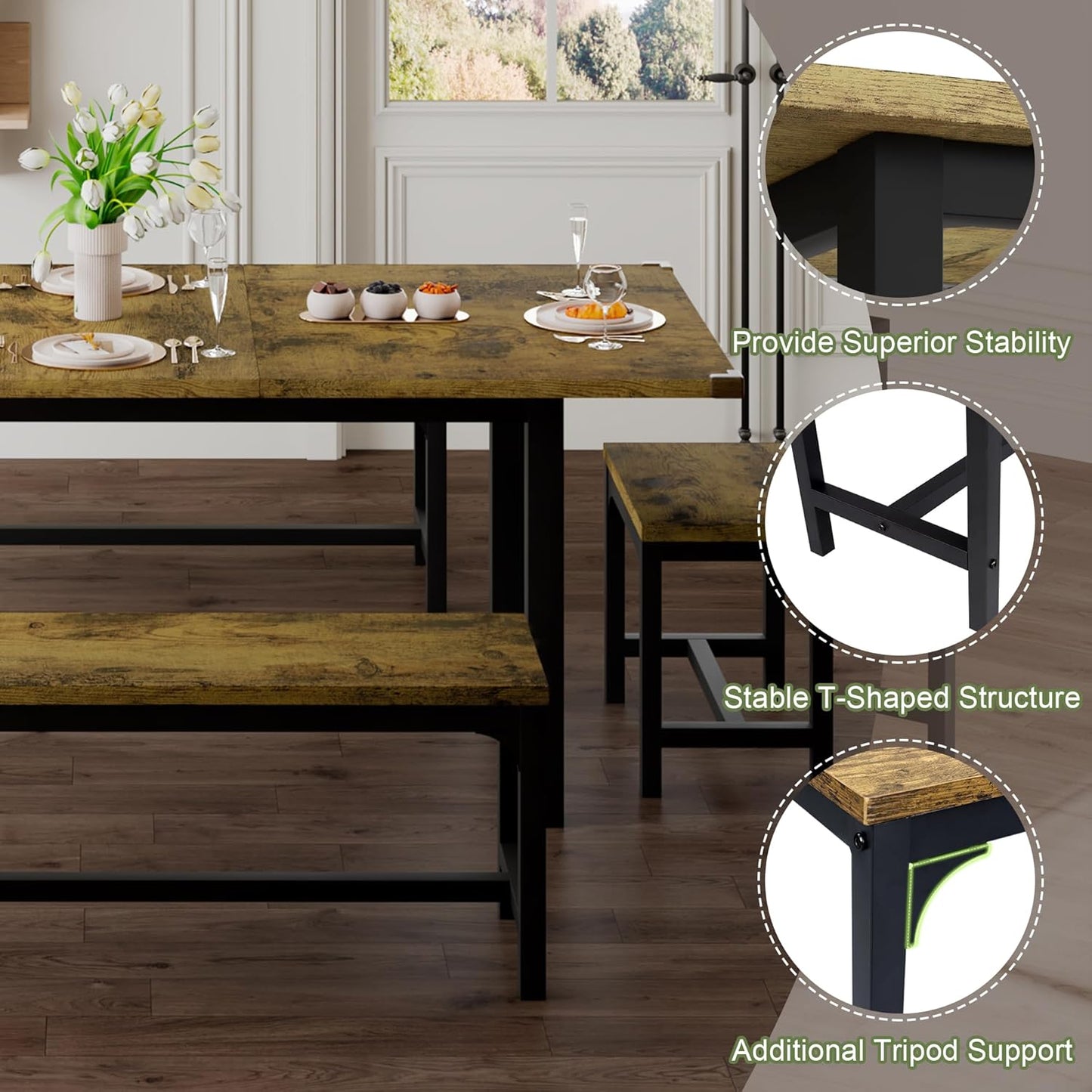 Feonase 5-Piece Dining Table for 4-8 People, 63" Extendable Kitchen Table Set with 2 Benches & 2 Square Stools, Dining Room Table with MDF Wood Board, Easy Clean, Rustic Brown