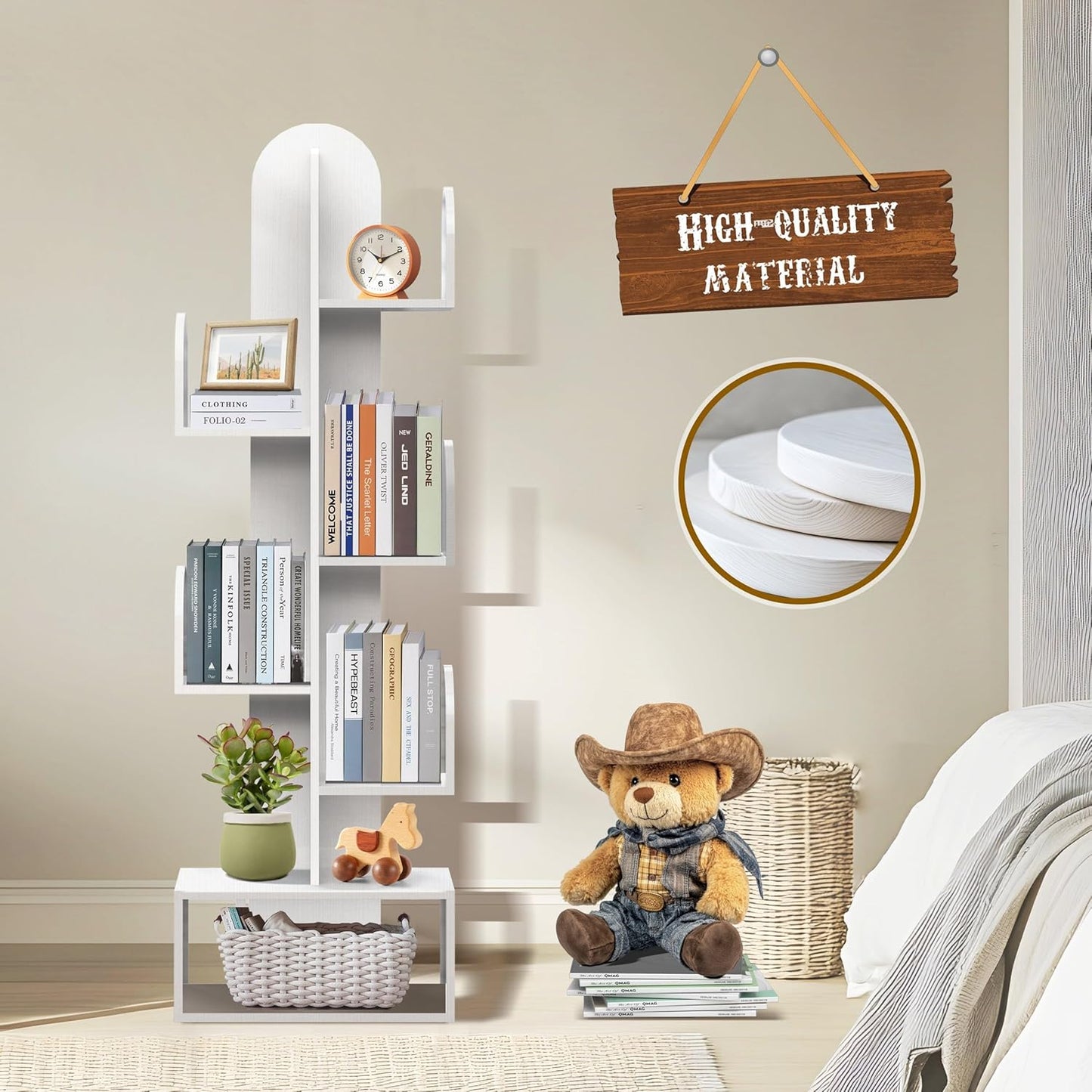 Cactus Tree Bookshelf, 5-Tier Wood 50" Tall Storage Rack for CDs/Movies/Books, Small Space-Saving Organizer Shelves for Living Room, Bedroom, Home Office (Shell Pink)