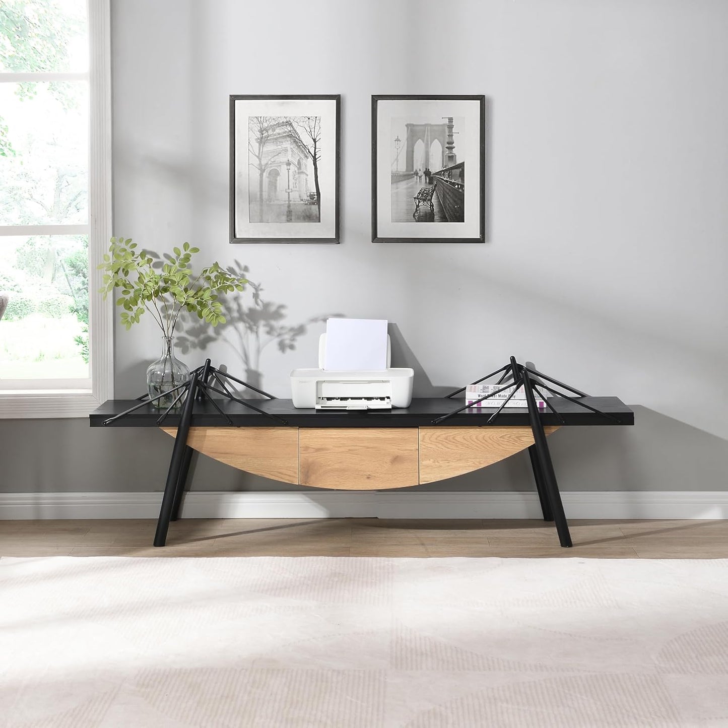 1 Tier Modern Boat-Shaped Bookshelf with Drawer, Black & Natural, 70.9" Long Horizontal Low Shelf for Storage Display Decoration, Sturdy MDF & Metal Industrial Frame, for Bedroom, Office