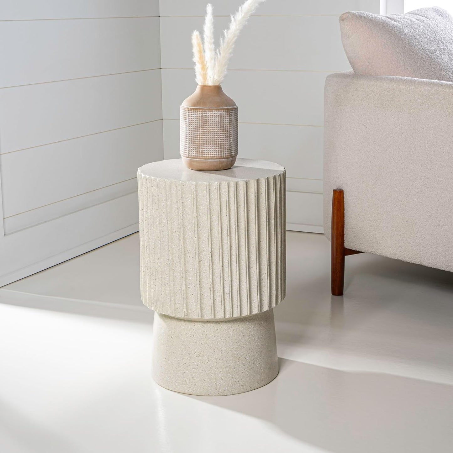 JONATHAN Y TBL1102B Louisa 19" Modern Art Deco Tambour Indoor/Outdoor Accent Table Art Deco, Minimalist, Contemporary, Bohemian, Mid-Century, Patio, Garden, Bathroom,Living Room, Cream Terrazzo Finish