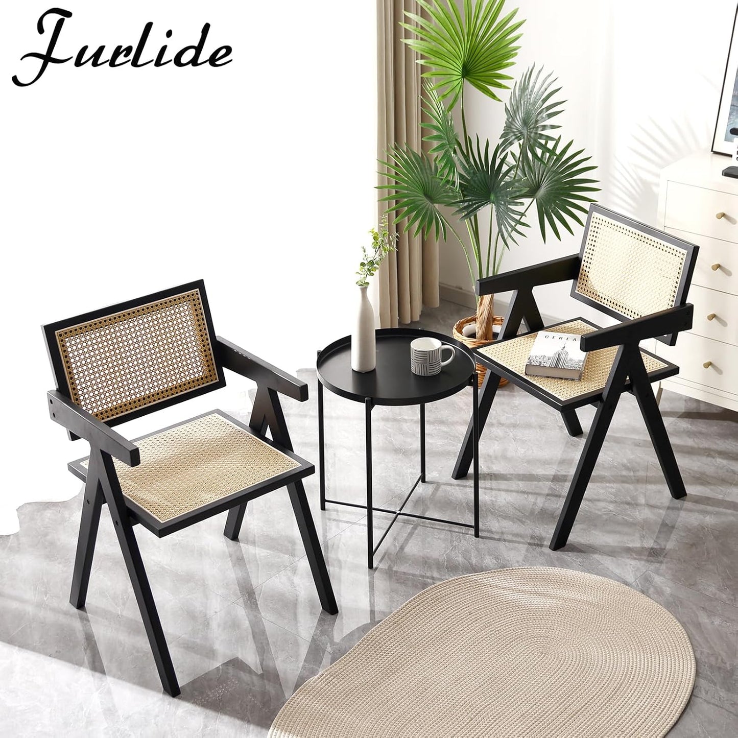 Rattan Dining Chairs Set of 2, Modern Mid Century Dining Chairs with Arms, Outdoor Bamboo Chairs for Bedroom, Living Room, Reading Room, Black