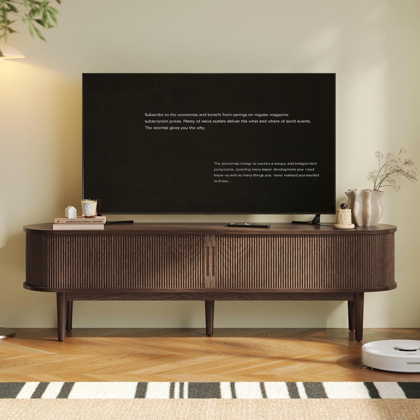 LINSY 70" Fluted TV Stand, Modern Entertainment Center for TVs Up to 80 inches, TV Console with Sliding Doors, Curved Profile Design, Media Console for Living Room, Walnut