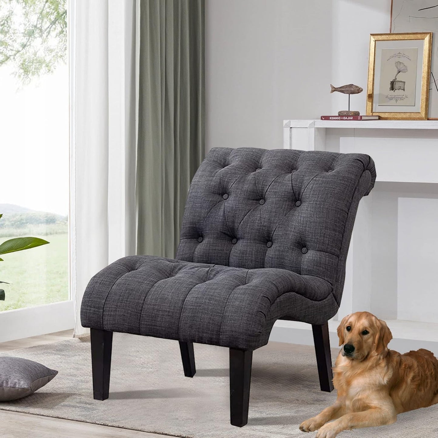 Yongqiang Accent Chairs Set of 2 Upholstered Living Room Bedroom Side Chairs Curved Button Tufted Armless Lounge Chair with Wood Legs Gray Fabric